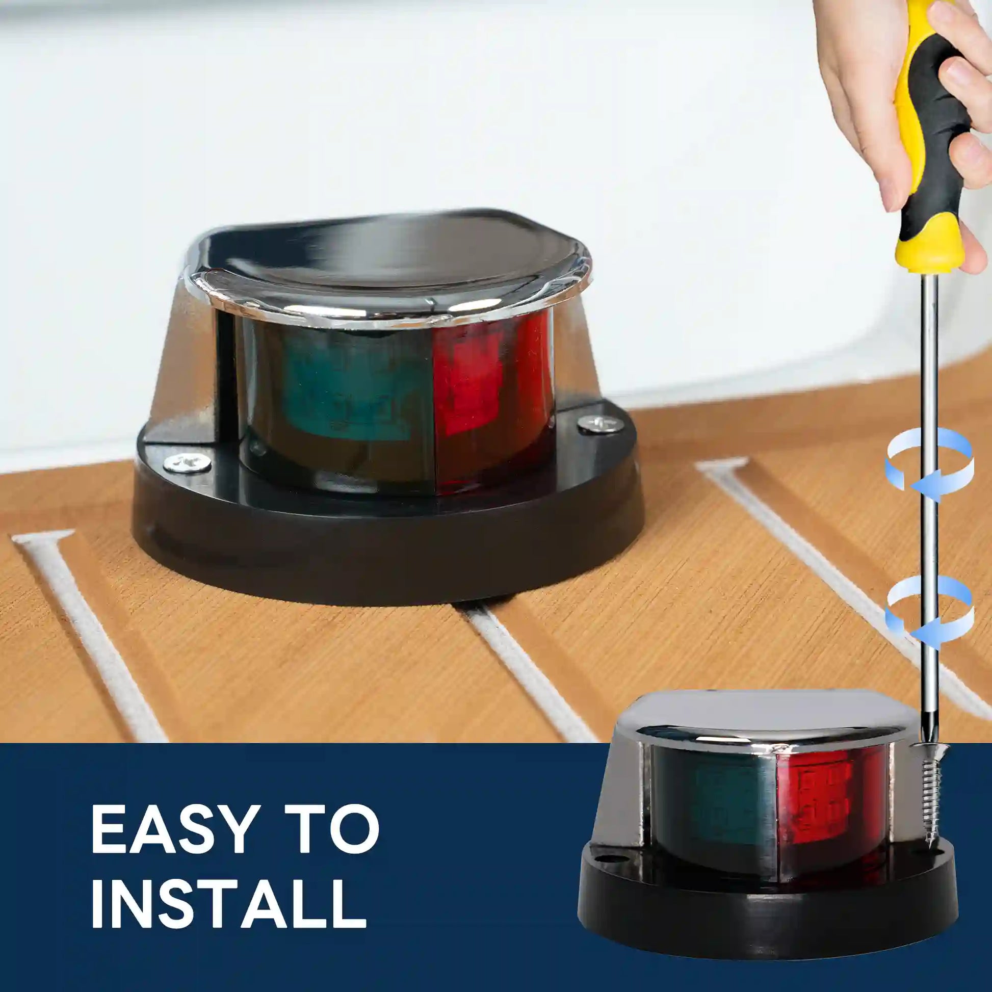 Installation scene showing a Marinexplore chrome-top bow navigation light with green and red lens mounted on a teak boat deck, a hand using a yellow-handled screwdriver to secure it, with an "Easy to Install" label and a close-up of the screw entering the black mounting base.