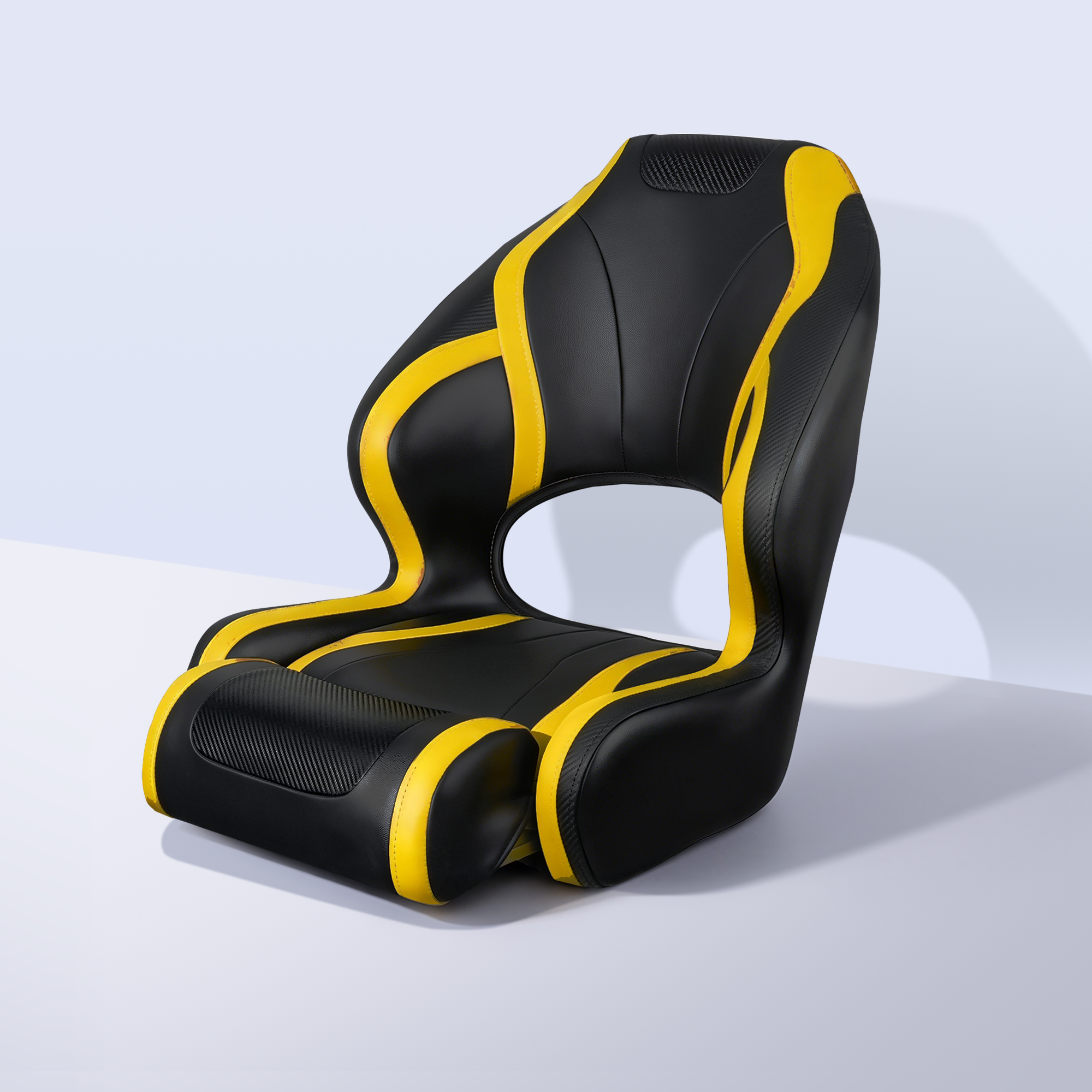 Sport-style captain chair with black and yellow finish, flip-up bolster, ergonomic marine seat for enhanced boating comfort