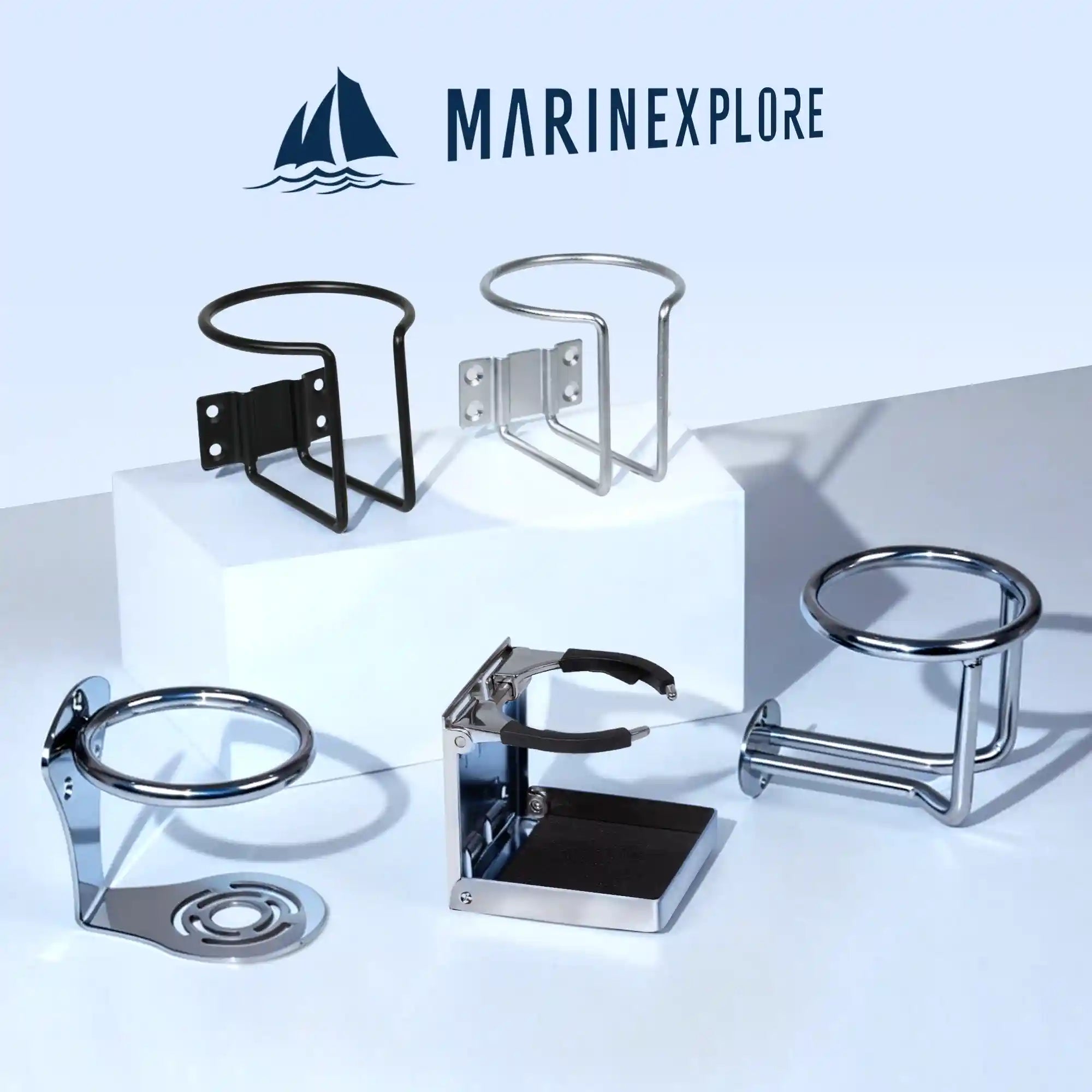 Marinexplore branded product lineup showing five different boat cup holder styles arranged on a white display surface, including a black wall-mount model, silver wire-frame mount, folding adjustable holder, flush-mount chrome ring, and surface-mount chrome tube holder.