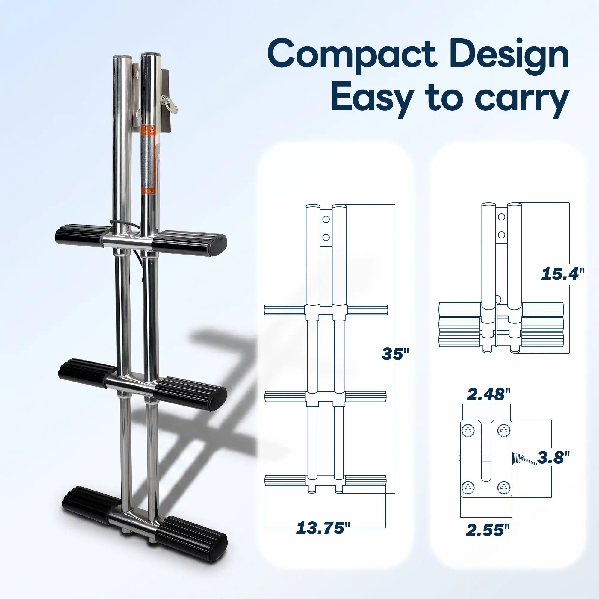 Marinexplore 3-step boat dive ladder size diagram showing 35-inch extended height, 13.75-inch width, 15.4-inch collapsed height, and mounting bracket hole spacing of 2.48 by 2.55 inches, highlighting compact and portable design.