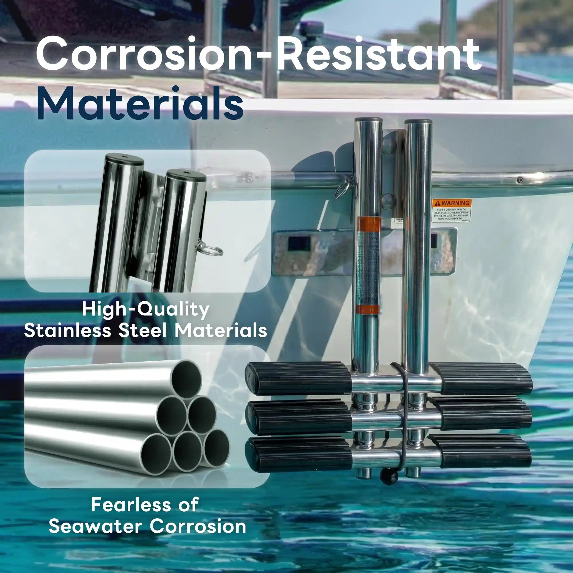 Marinexplore 3-step boat dive ladder installed on real boat over water, with inset close-ups of high-quality polished stainless steel tube materials, highlighting seawater corrosion-resistant construction for long-term marine use.
