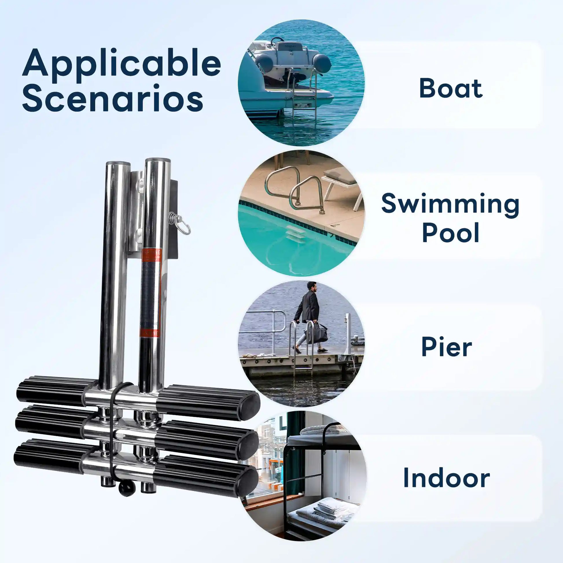 Marinexplore 3-step boat dive ladder applicable scenarios infographic showing four uses: boat transom, swimming pool, pier dock, and indoor bunk bed, with folded product displayed alongside for compact storage reference.