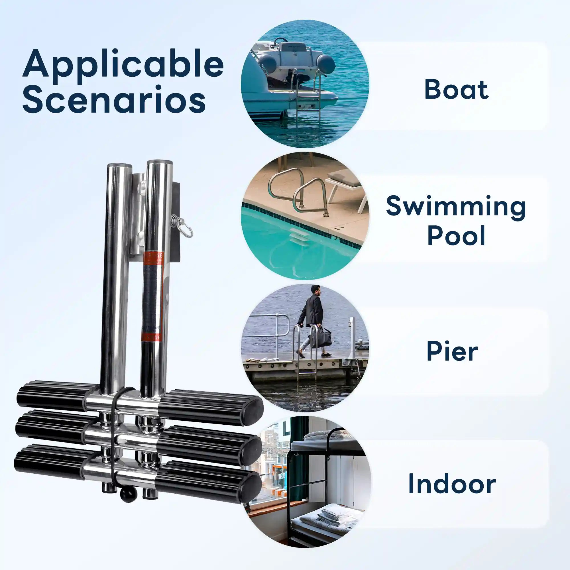 Marinexplore 3-step boat dive ladder applicable scenarios infographic showing four uses: boat transom, swimming pool, pier dock, and indoor bunk bed, with folded product displayed alongside for compact storage reference.