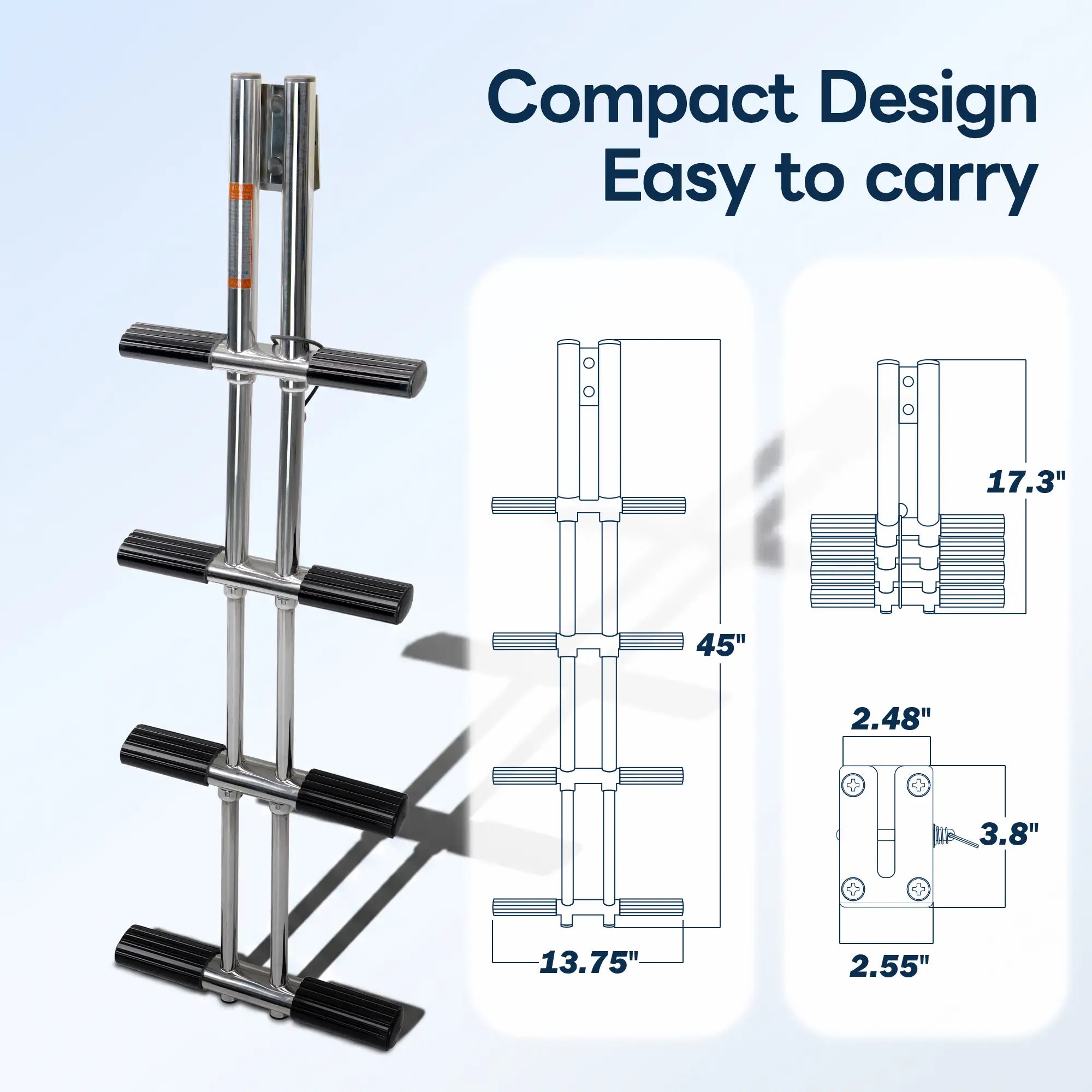 Marinexplore 4-step boat dive ladder size diagram showing 45-inch extended height, 13.75-inch width, 17.3-inch collapsed height, and mounting bracket hole spacing of 2.48 by 2.55 inches with screw detail, highlighting compact portable design.