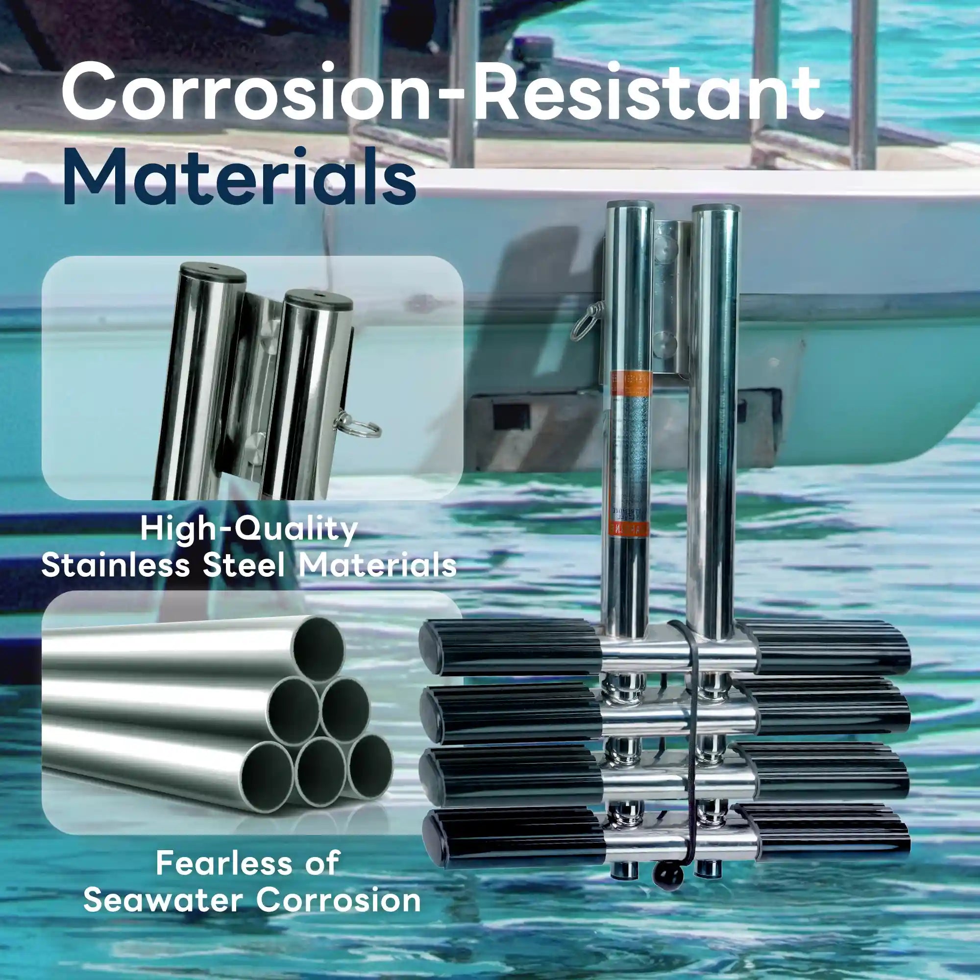 Marinexplore 4-step boat dive ladder with four tread pairs installed on real boat over water, with inset close-ups comparing polished and raw stainless steel tube materials, highlighting fearless-of-seawater corrosion resistance for long-term marine use.