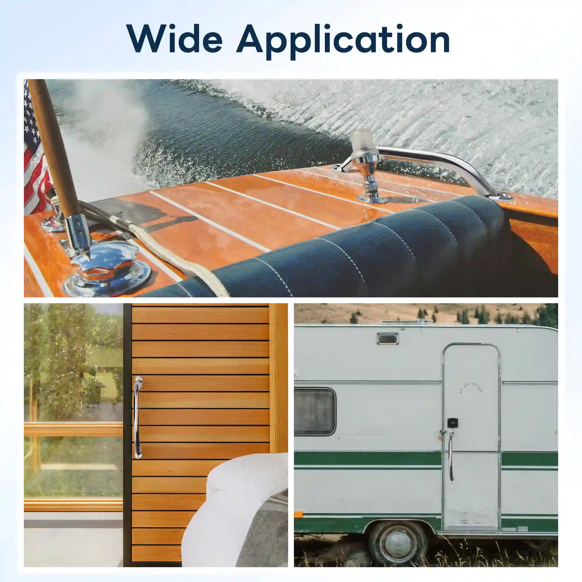 Marinexplore 12-inch stainless steel grab handle shown across three real-life settings: installed on the front deck of a moving wooden speedboat on open water, mounted vertically on a slatted wood interior door as a pull handle, and positioned beside the entry door of a vintage white and green RV camper for step-up support.