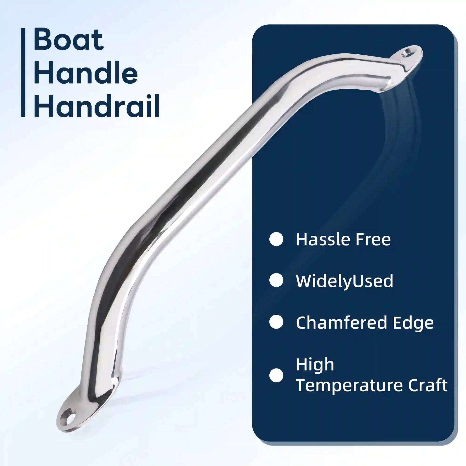 Marinexplore 12-inch polished stainless steel boat handrail shown at a diagonal angle with a dark blue feature panel listing hassle-free use, wide application, chamfered edges for comfort, and high-temperature manufacturing process.