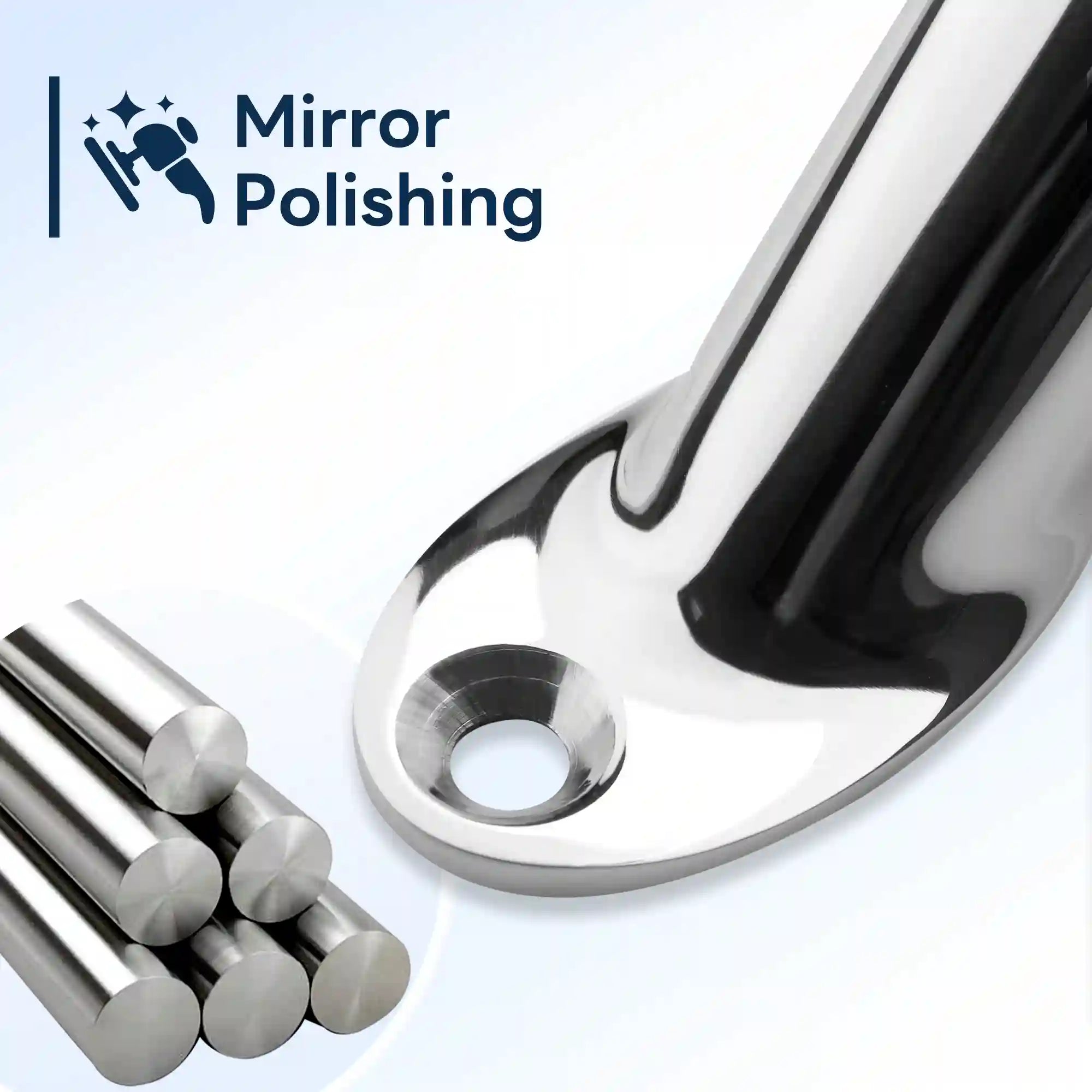 Extreme close-up of Marinexplore 12-inch boat grab handle mounting base showing mirror-polished stainless steel surface and precision-machined countersunk screw hole, with raw stainless steel bar stock shown in the lower left to highlight marine-grade material sourcing.