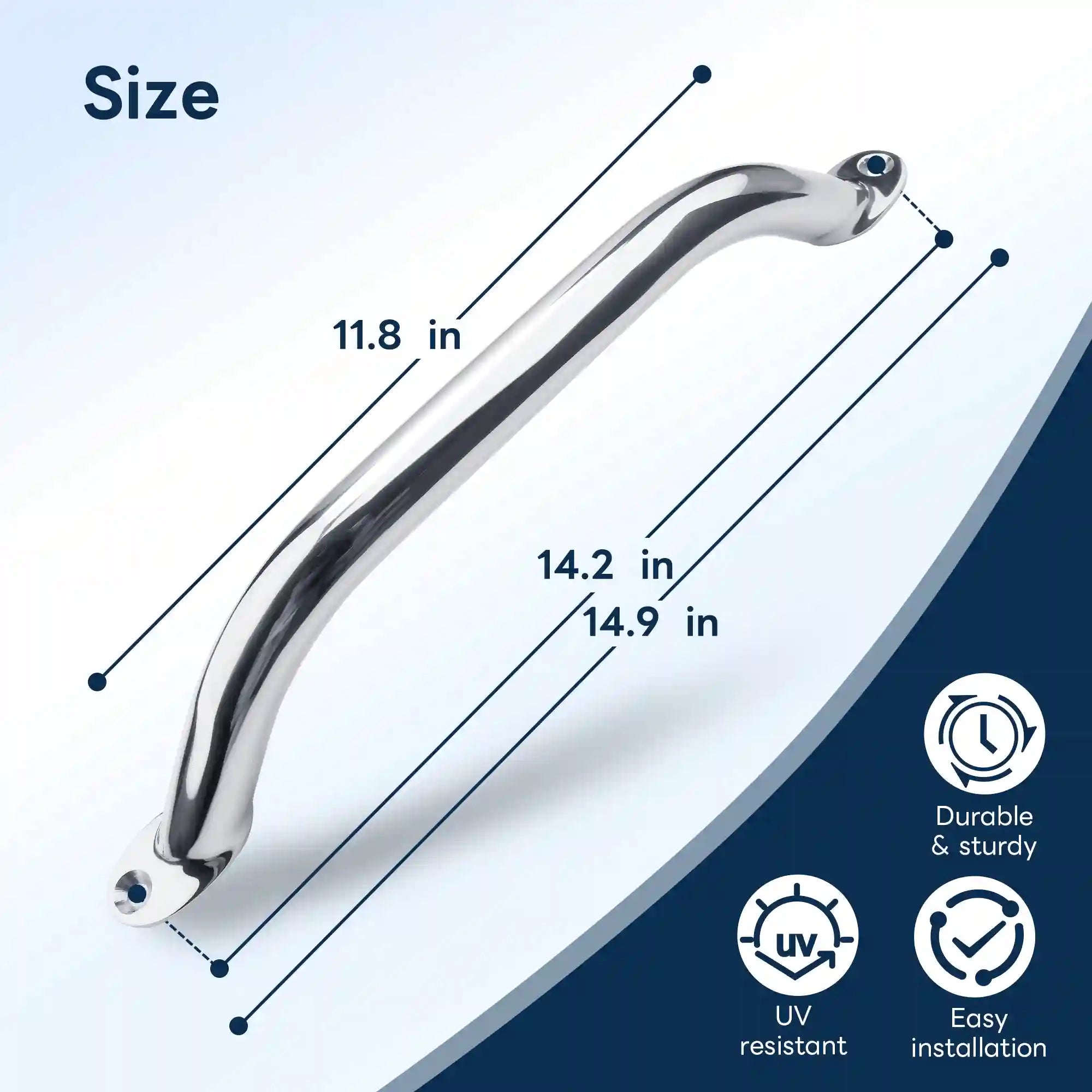 Size reference diagram for Marinexplore 12-inch stainless steel boat grab handle displaying three measurements: 11.8-inch, 14.2-inch, and 14.9-inch lengths, with feature badges for durable and sturdy build, UV resistance, and easy installation.