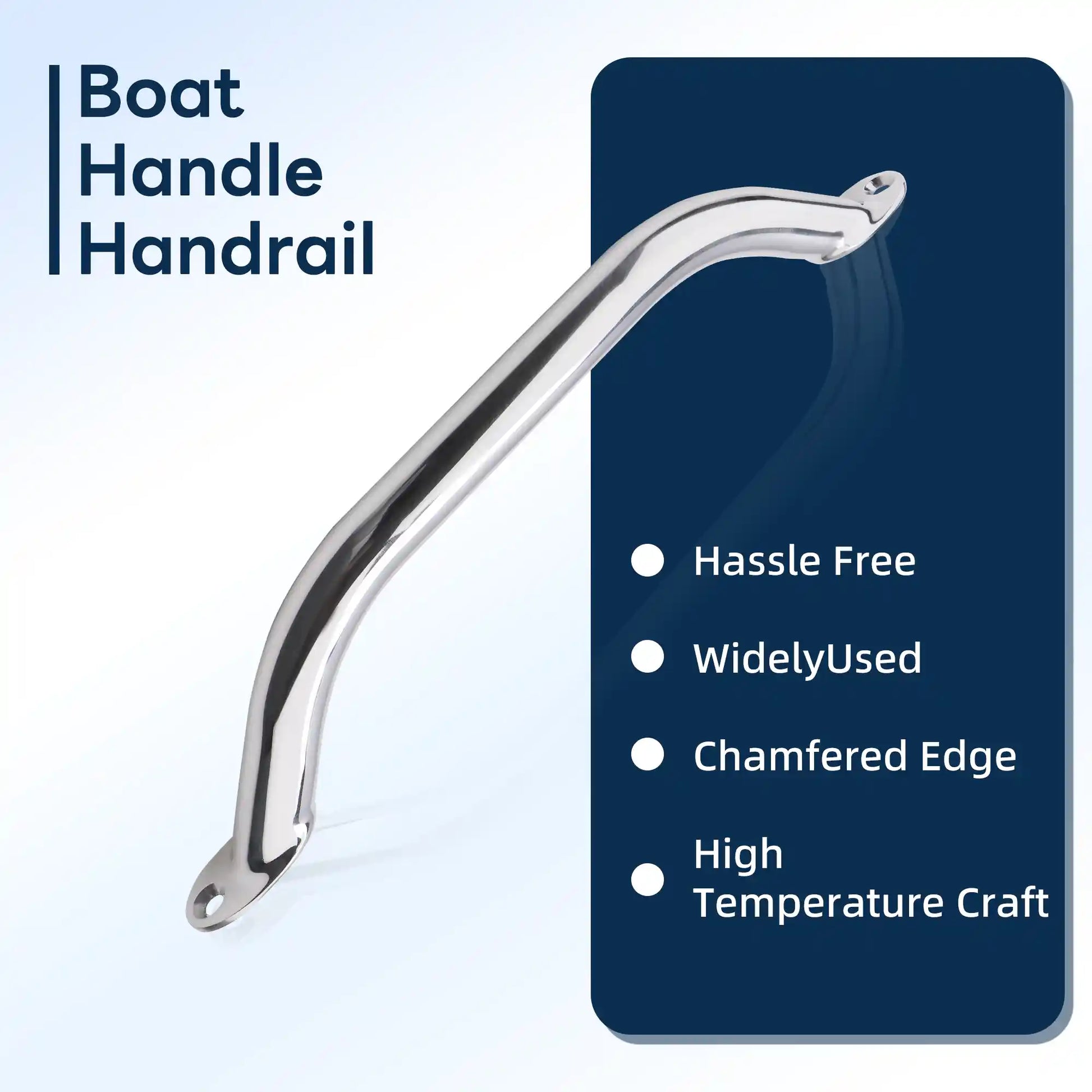 Marinexplore 9-inch polished stainless steel boat handrail shown at a diagonal angle alongside feature callouts including hassle-free use, chamfered edges, wide application, and high-temperature crafting process.