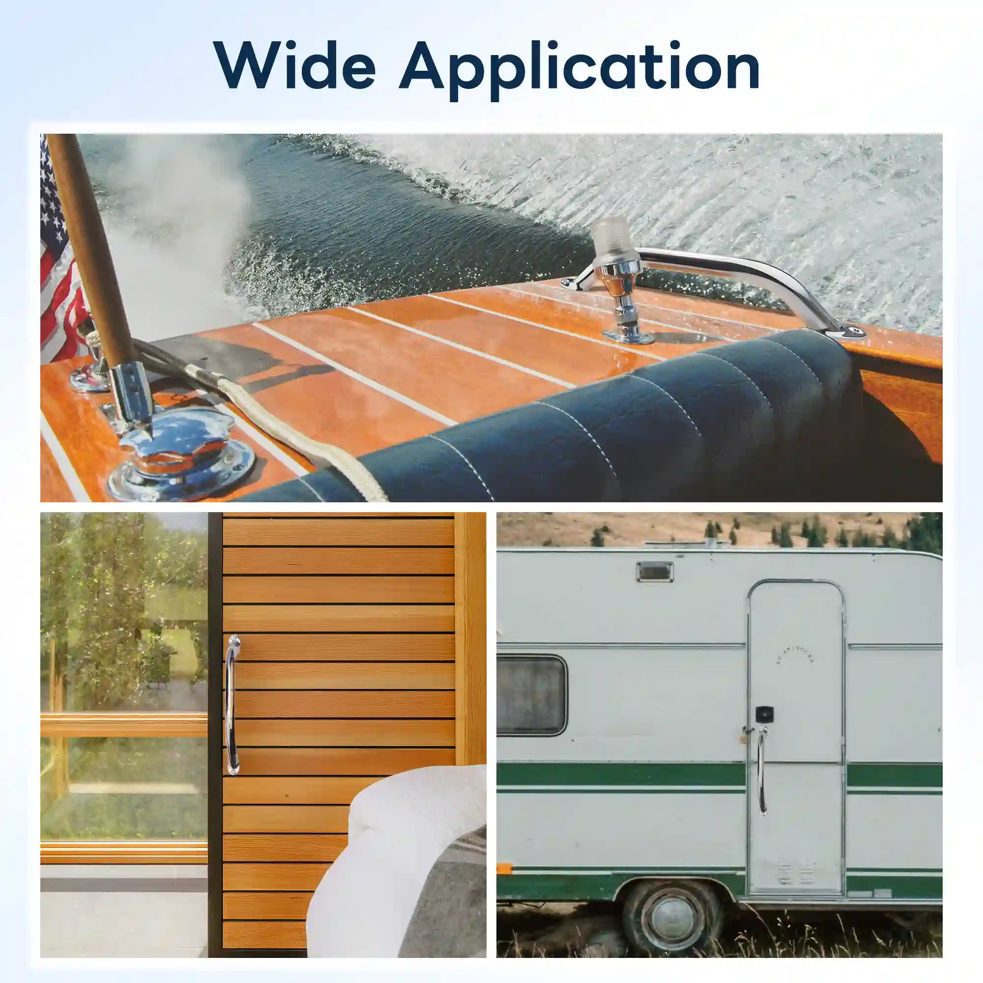 Marinexplore 9-inch stainless steel grab handle shown in three real-world applications: mounted on a moving wooden speedboat deck, installed on a wood interior door as a pull handle, and fitted beside an RV camper entry door for safe stepping support.