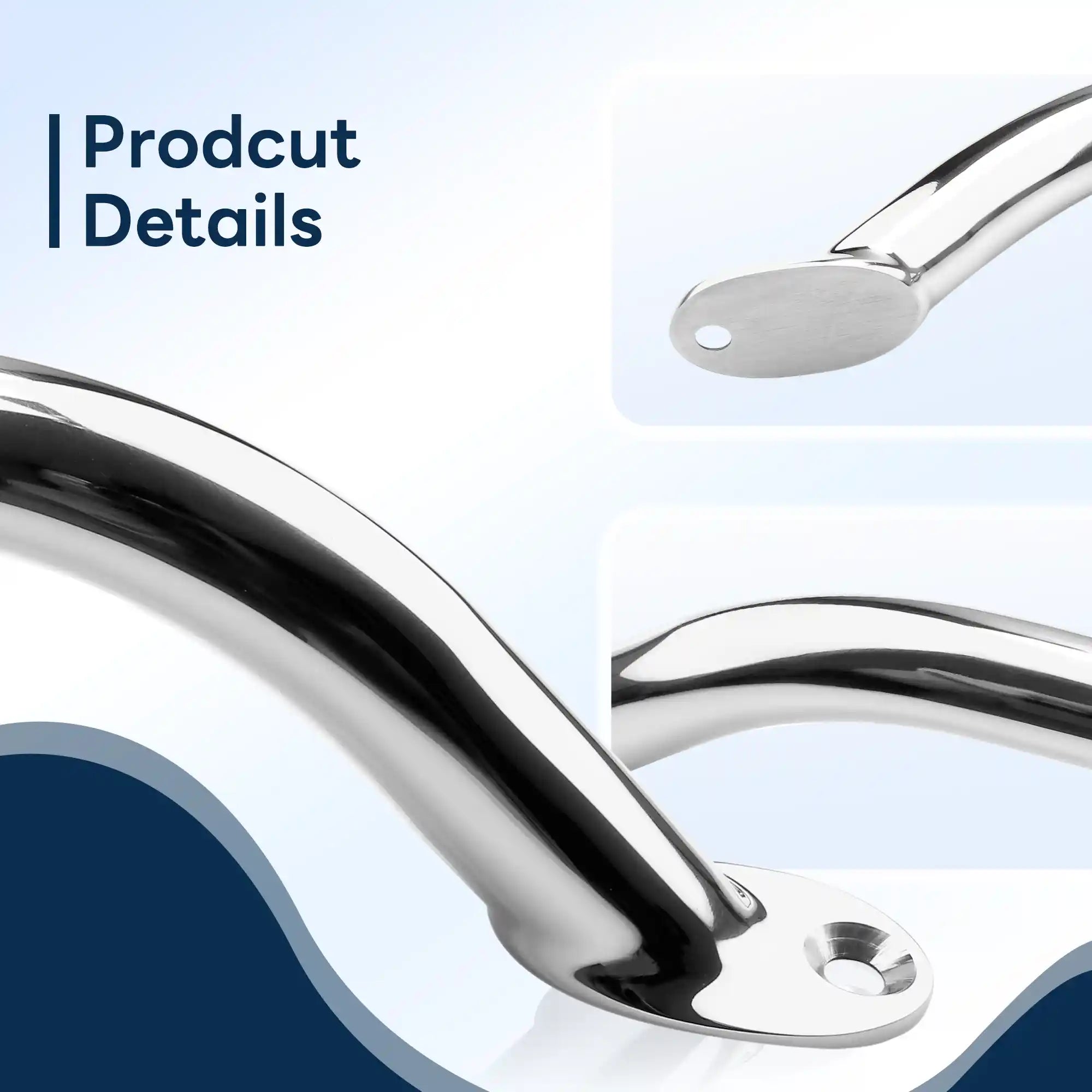 Close-up detail shots of Marinexplore 9-inch stainless steel boat grab handle showing smooth curved arc body, oval mounting base with countersunk screw hole, and seamless handle-to-base joint.