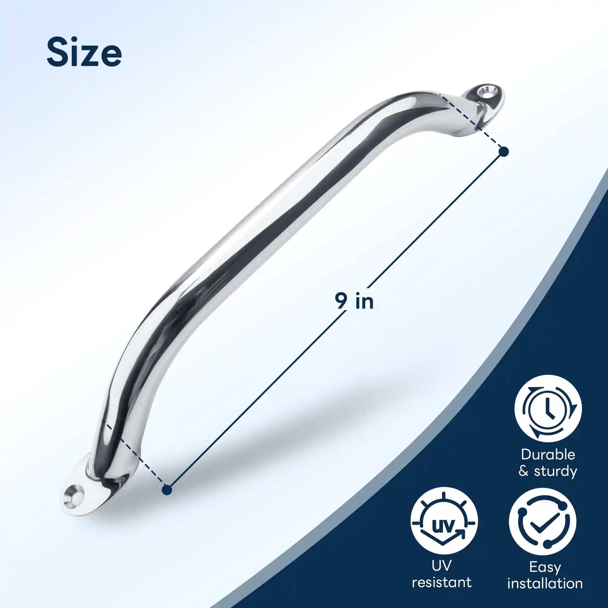 Marinexplore 9-inch stainless steel boat grab handle size diagram showing 9-inch length measurement, with icons highlighting durable and sturdy construction, UV resistance, and easy installation.