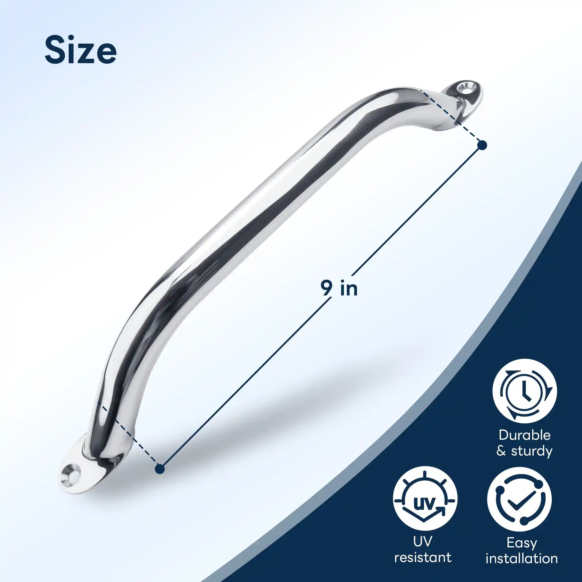 Marinexplore 9-inch stainless steel boat grab handle size diagram showing 9-inch length measurement, with icons highlighting durable and sturdy construction, UV resistance, and easy installation.