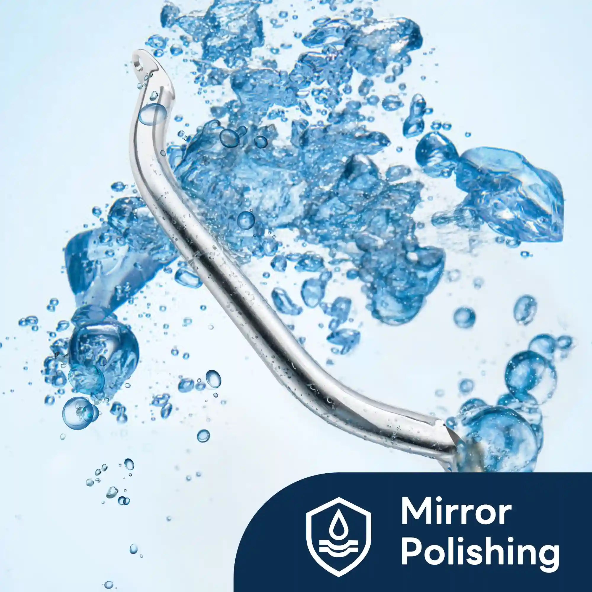 Marinexplore 9-inch stainless steel boat grab handle surrounded by splashing blue water and ice, demonstrating its mirror-polished corrosion-resistant finish and moisture resistance for marine environments.