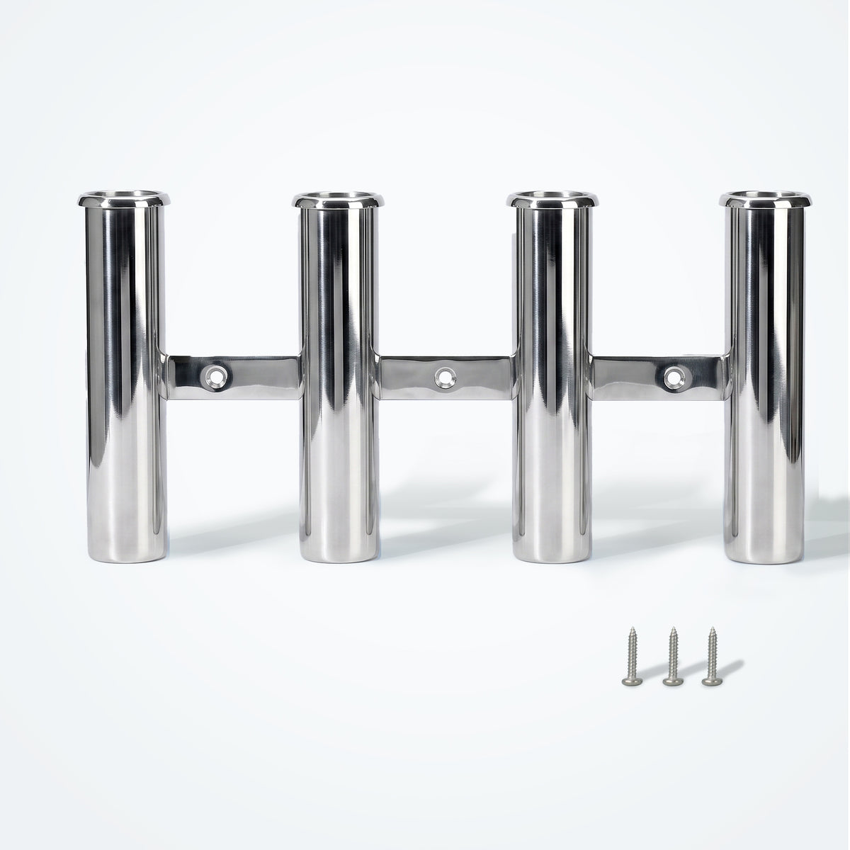 Marinexplore 4-tube stainless steel wall-mounted fishing rod holder with three mounting screws.