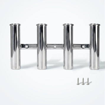 Marinexplore 4-tube stainless steel wall-mounted fishing rod holder with three mounting screws.