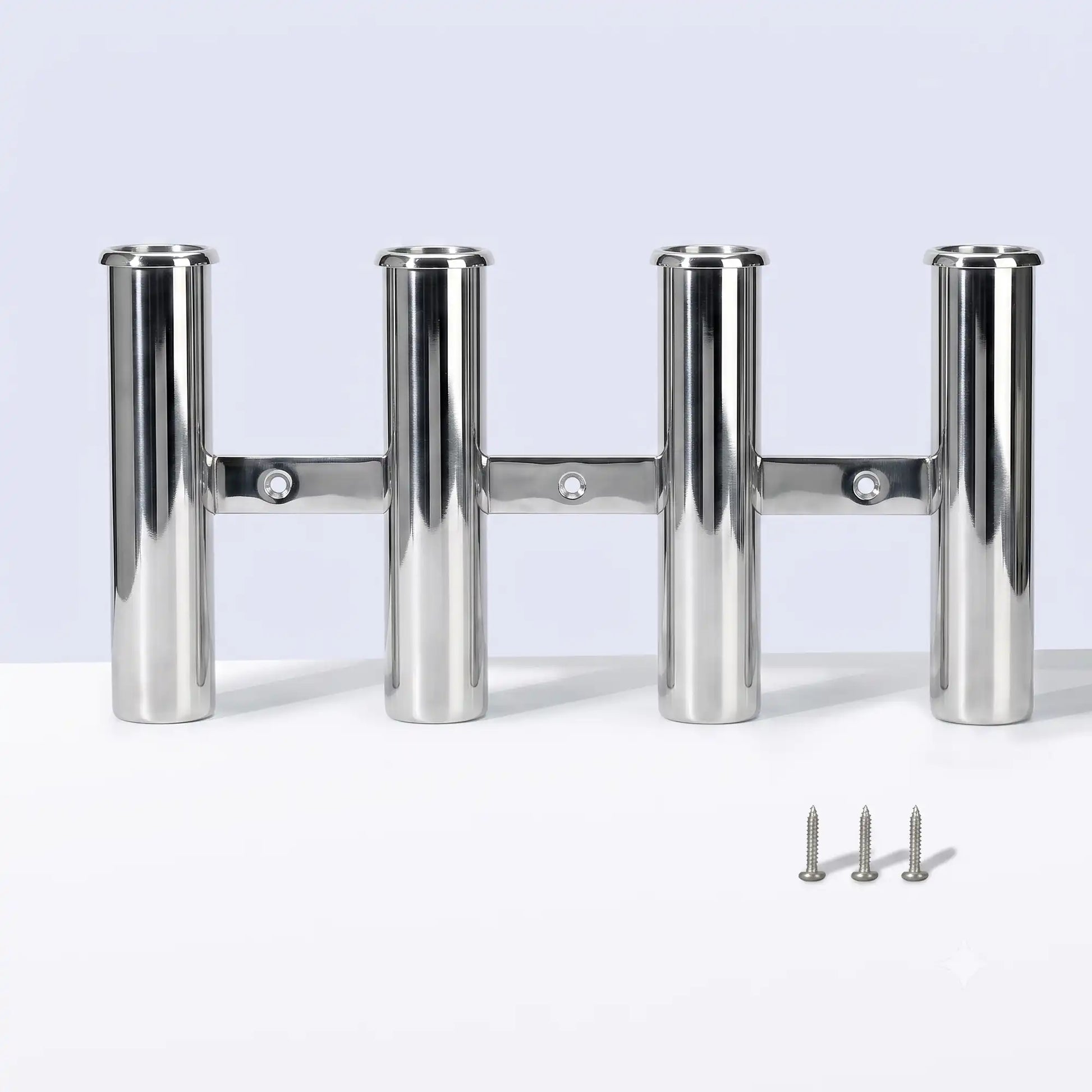 Marinexplore 4-tube stainless steel wall-mounted fishing rod holder with three mounting screws.