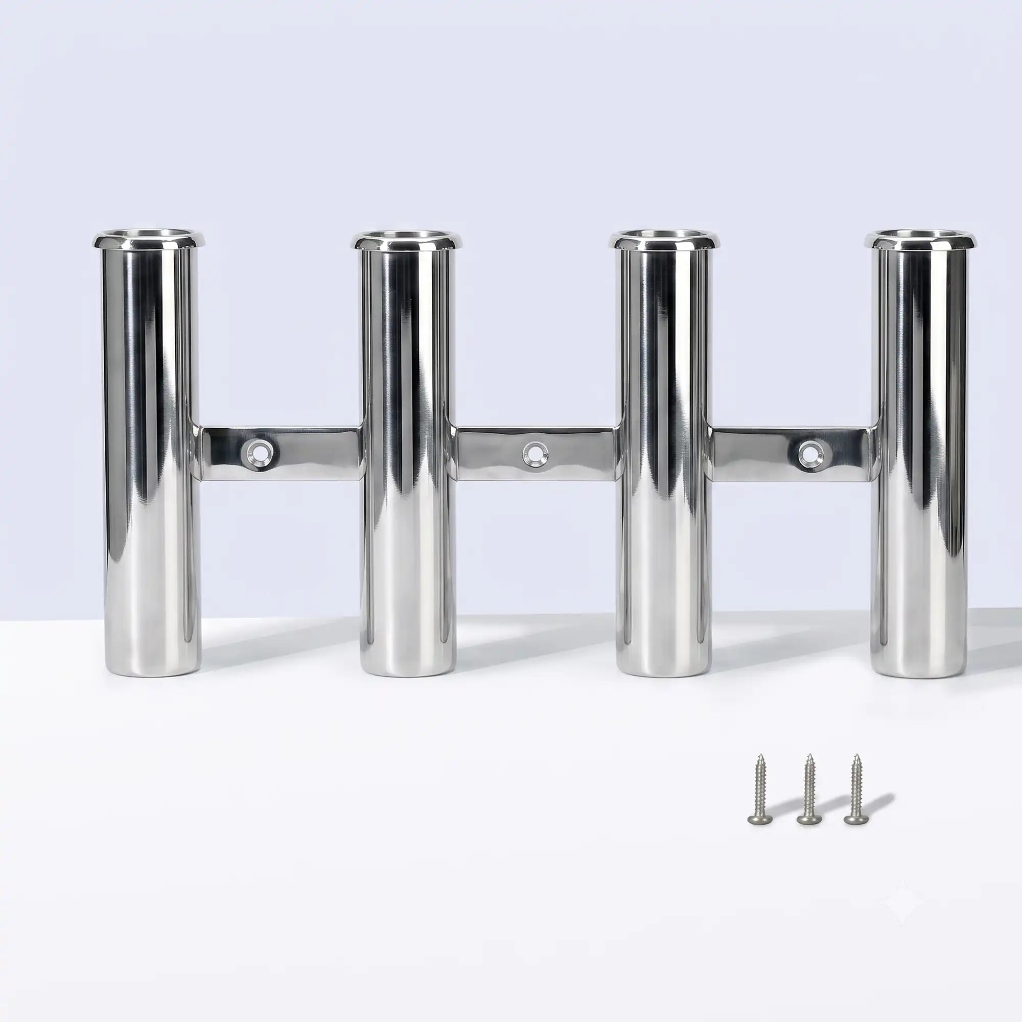 Marinexplore 4-tube stainless steel wall-mounted fishing rod holder with three mounting screws.