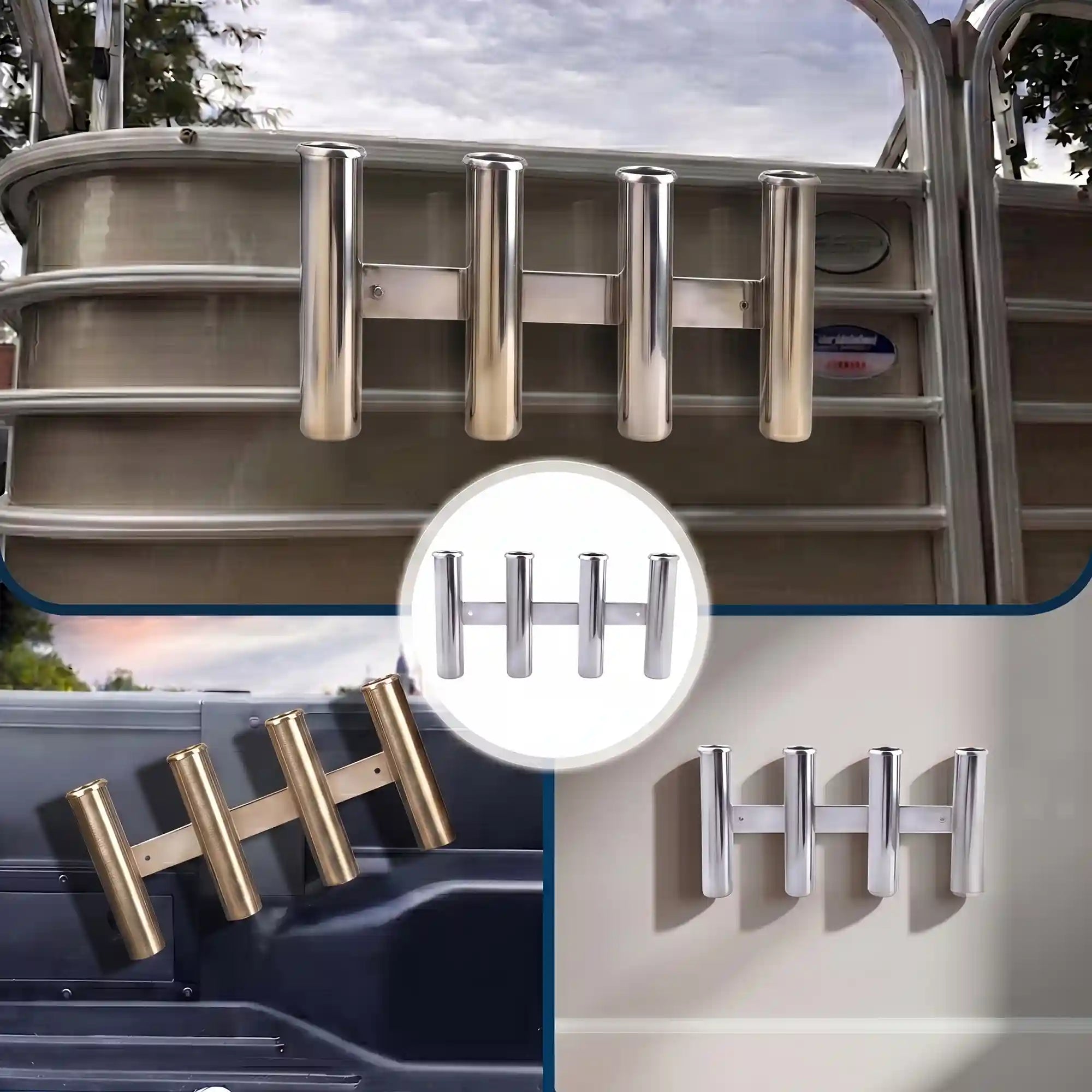 Marinexplore stainless steel rod holder mounted on a boat rail, truck bed, and wall in silver and gold finishes.
