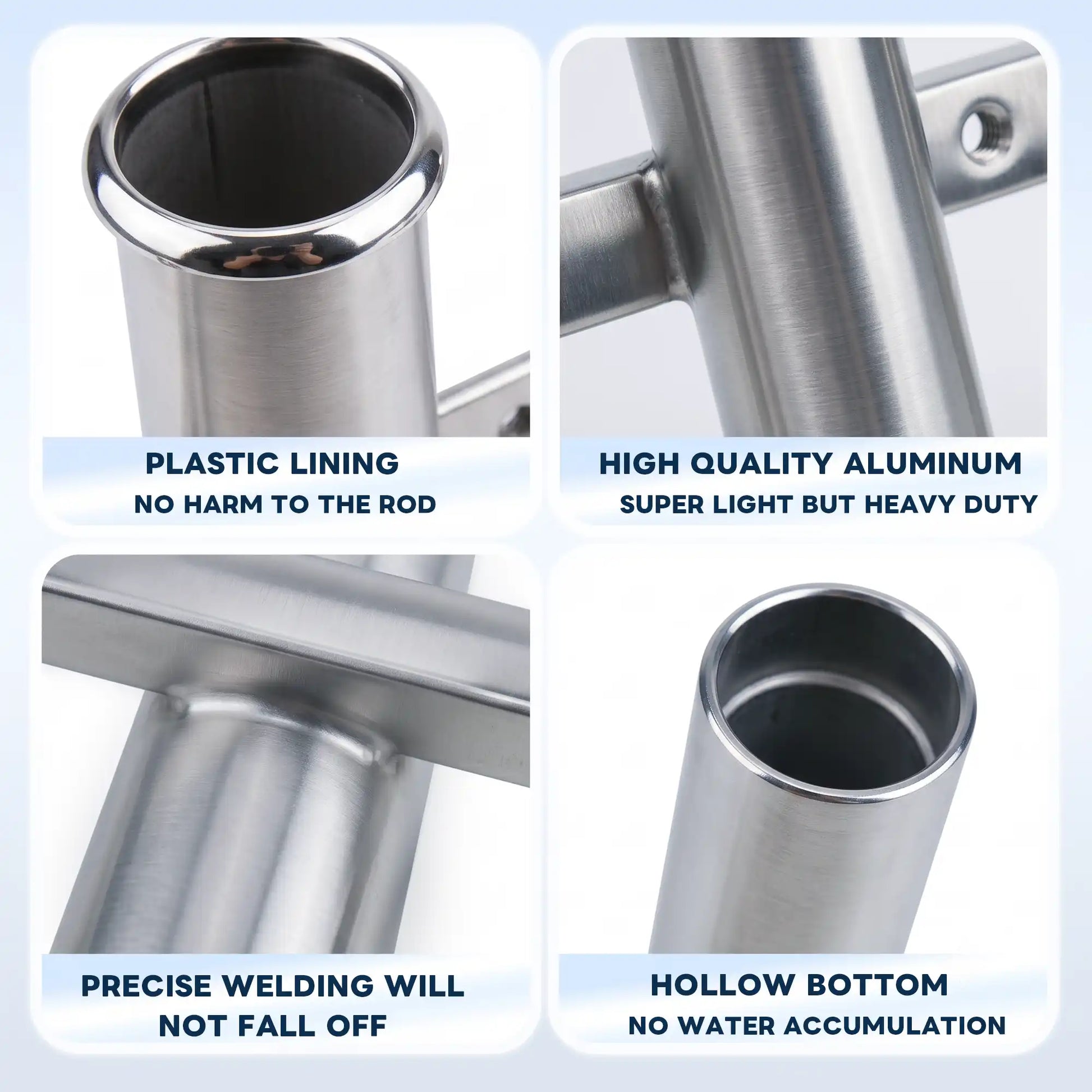 Close-up detail of Marinexplore rod holder tube showing plastic lining, welded joint, and open drain bottom.