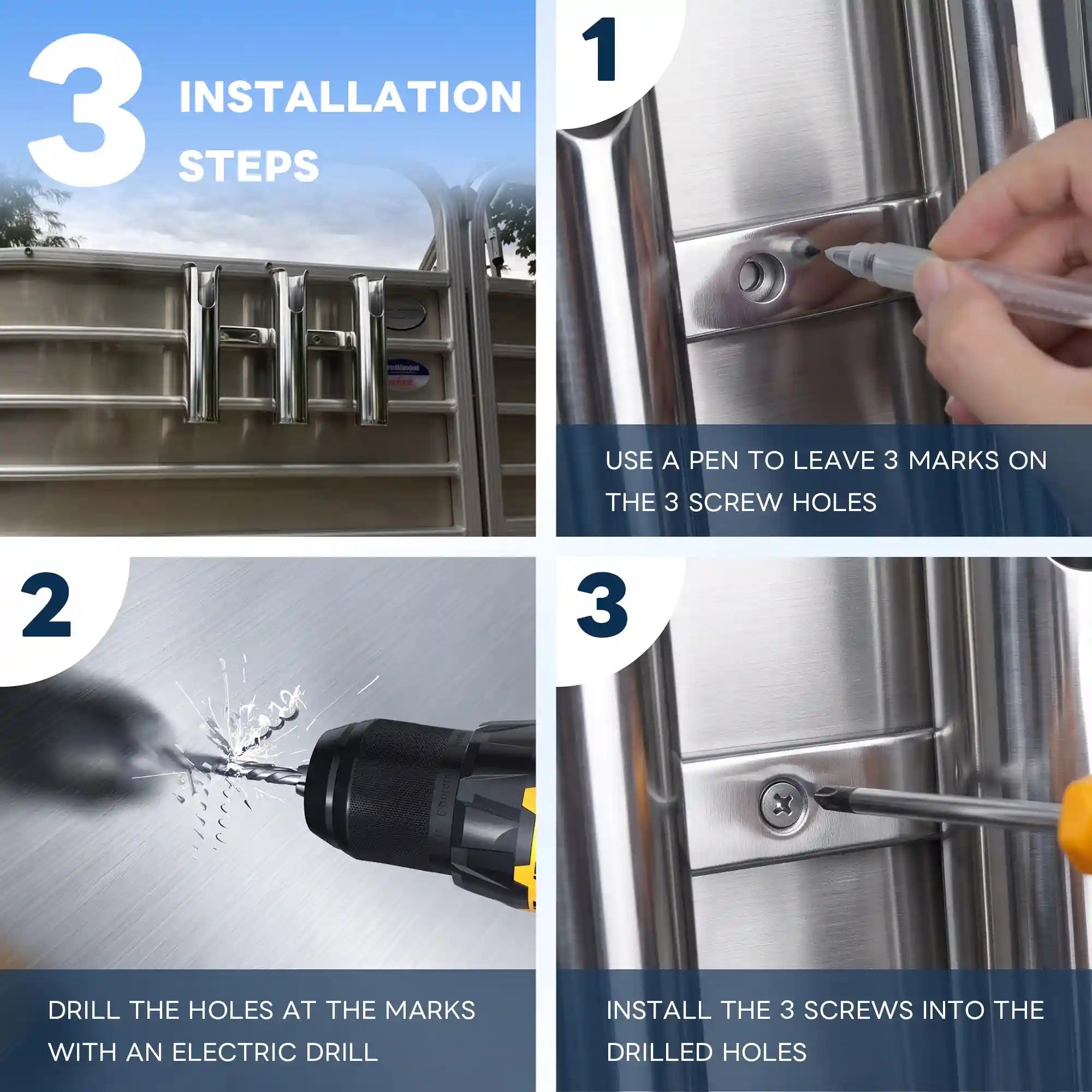 Three-step installation guide showing how to mount Marinexplore stainless steel rod holder on a boat rail.
