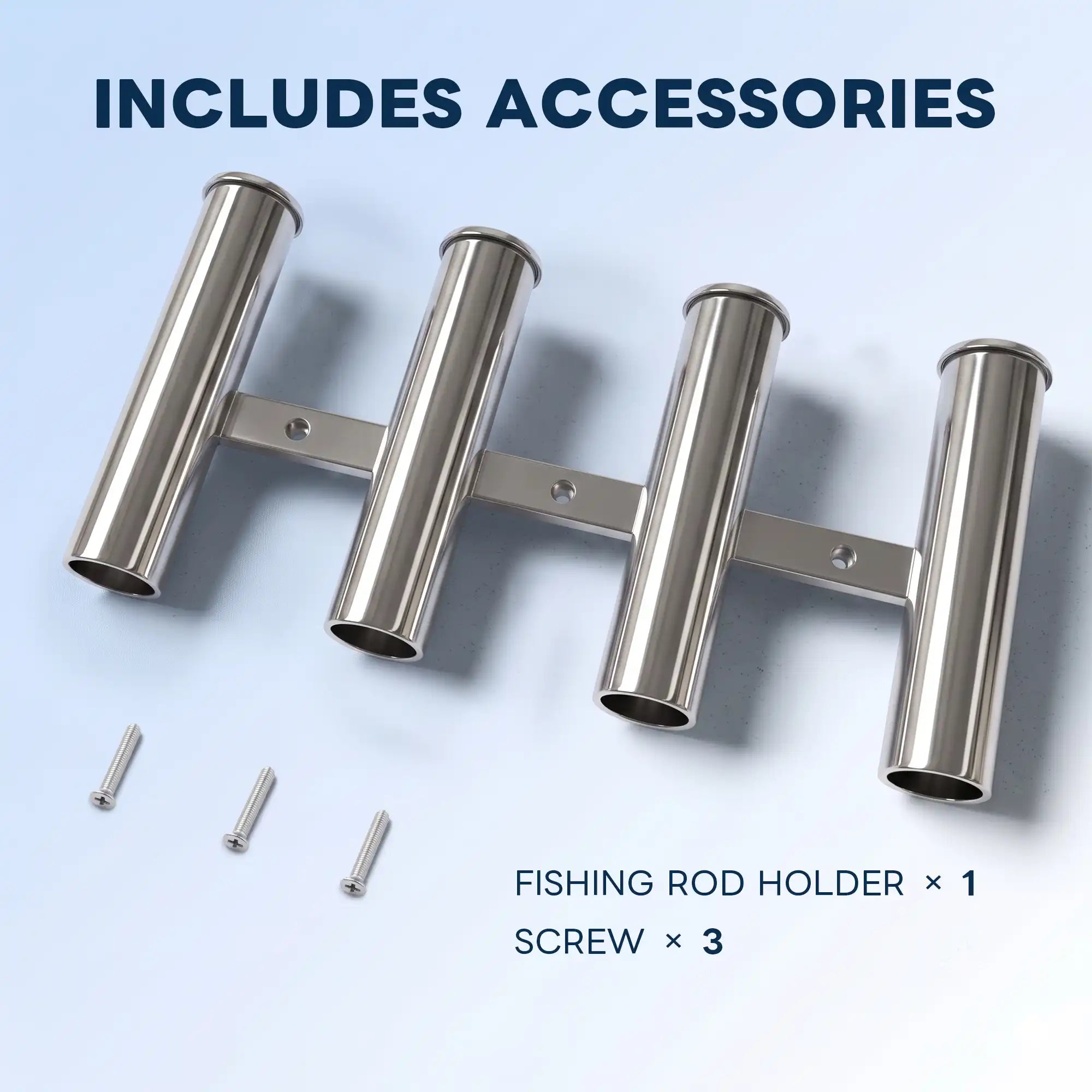 Marinexplore fishing rod holder package contents with one 4-tube holder and three mounting screws.