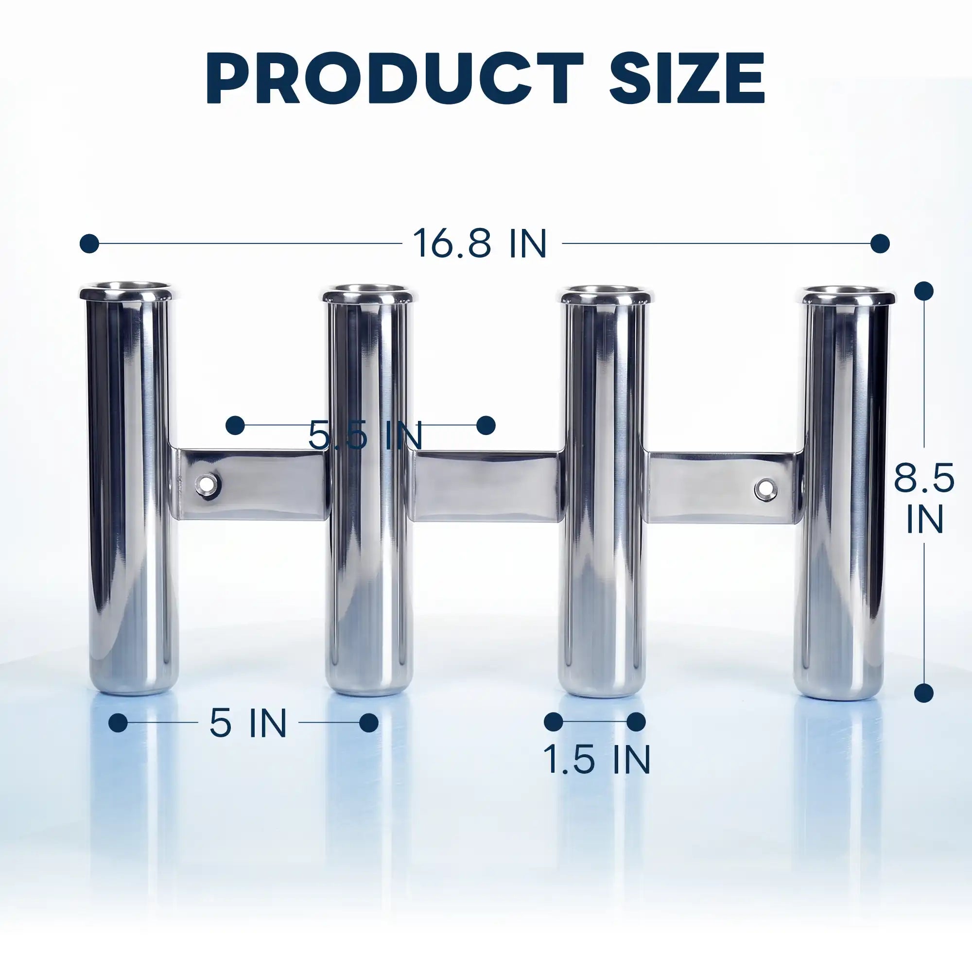 Dimension chart of Marinexplore 4-tube boat rod holder showing 16.8 inch width and 8.5 inch height.