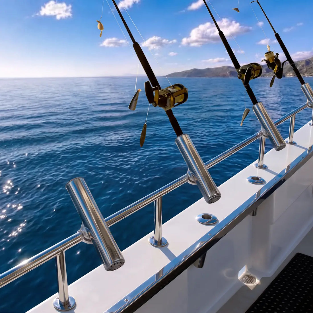 Stainless steel Marinexplore rod holders securing fishing rods along a boat rail.