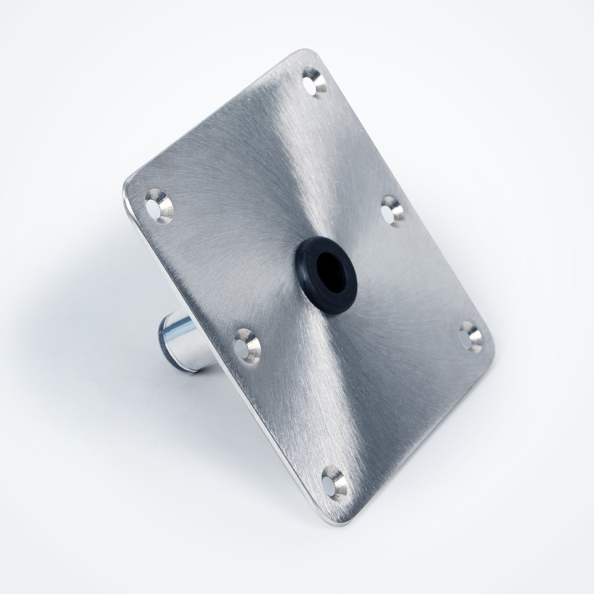 Marinexplore 7x7 inch polished stainless steel boat seat base plate showcasing its 6 pre-drilled holes and center pin opening with a black bushing spacer.