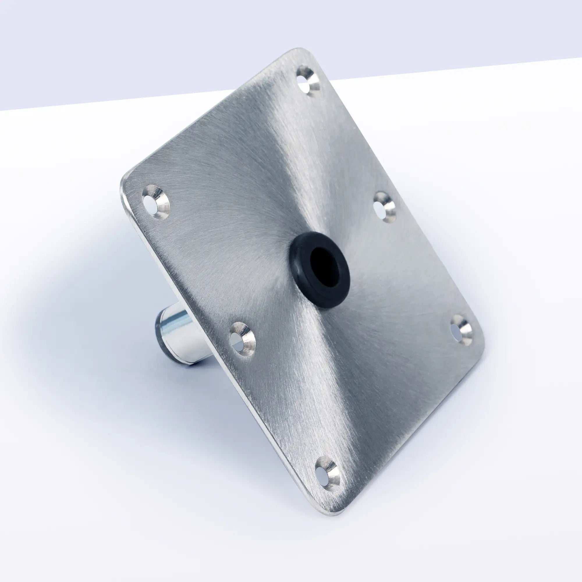 Marinexplore 7x7 inch polished stainless steel boat seat base plate showcasing its 6 pre-drilled holes and center pin opening with a black bushing spacer.