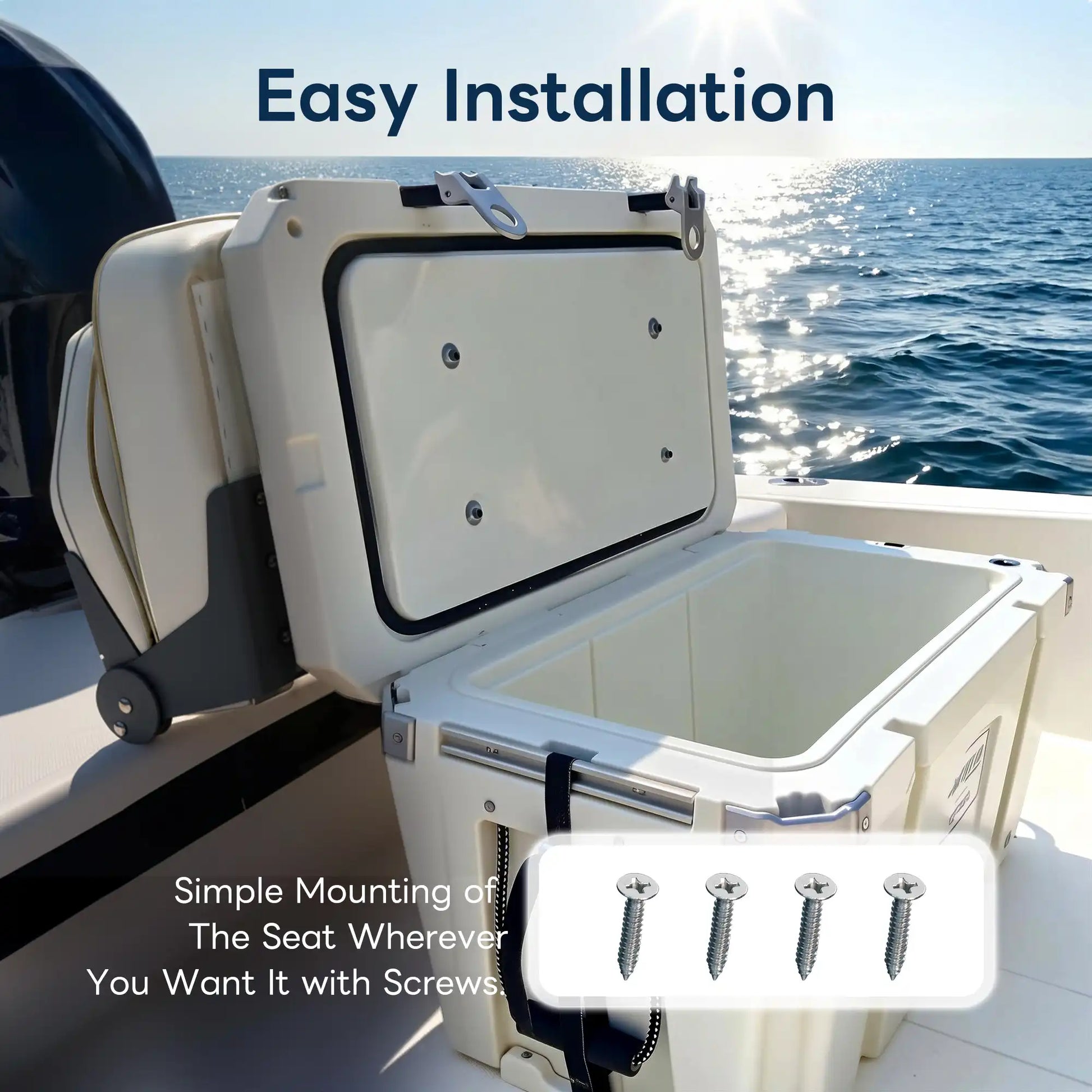 Simple DIY installation guide for the marine bench seat, showing screw mounting points on a boat deck.