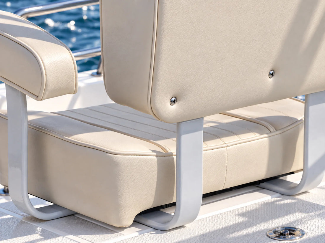 Smooth stainless steel frame and fasteners supporting a white Marinexplore boat seat.