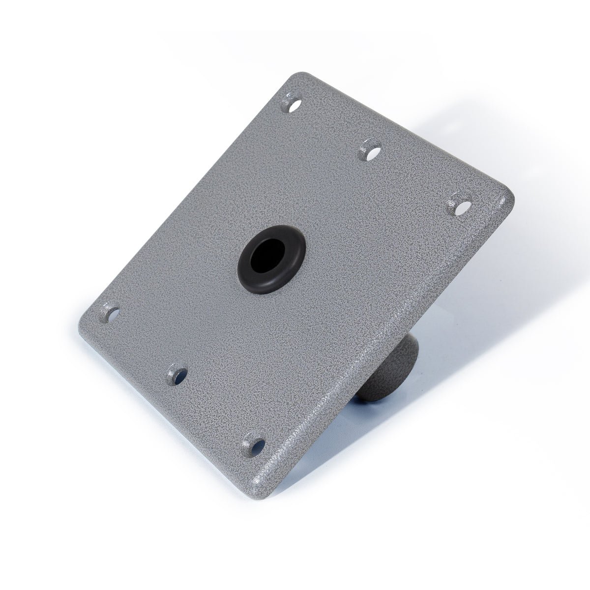 Marinexplore 7x7 marine grade aluminum boat seat mount plate featuring a silver satin finish with a black center bushing insert.