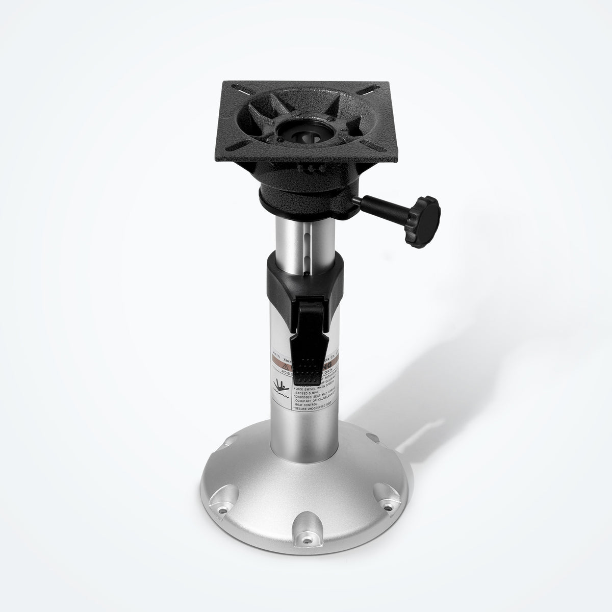 A high-angle studio shot of the Marinexplore silver anodized aluminum boat seat pedestal with a black locking knob and heavy-duty top plate.