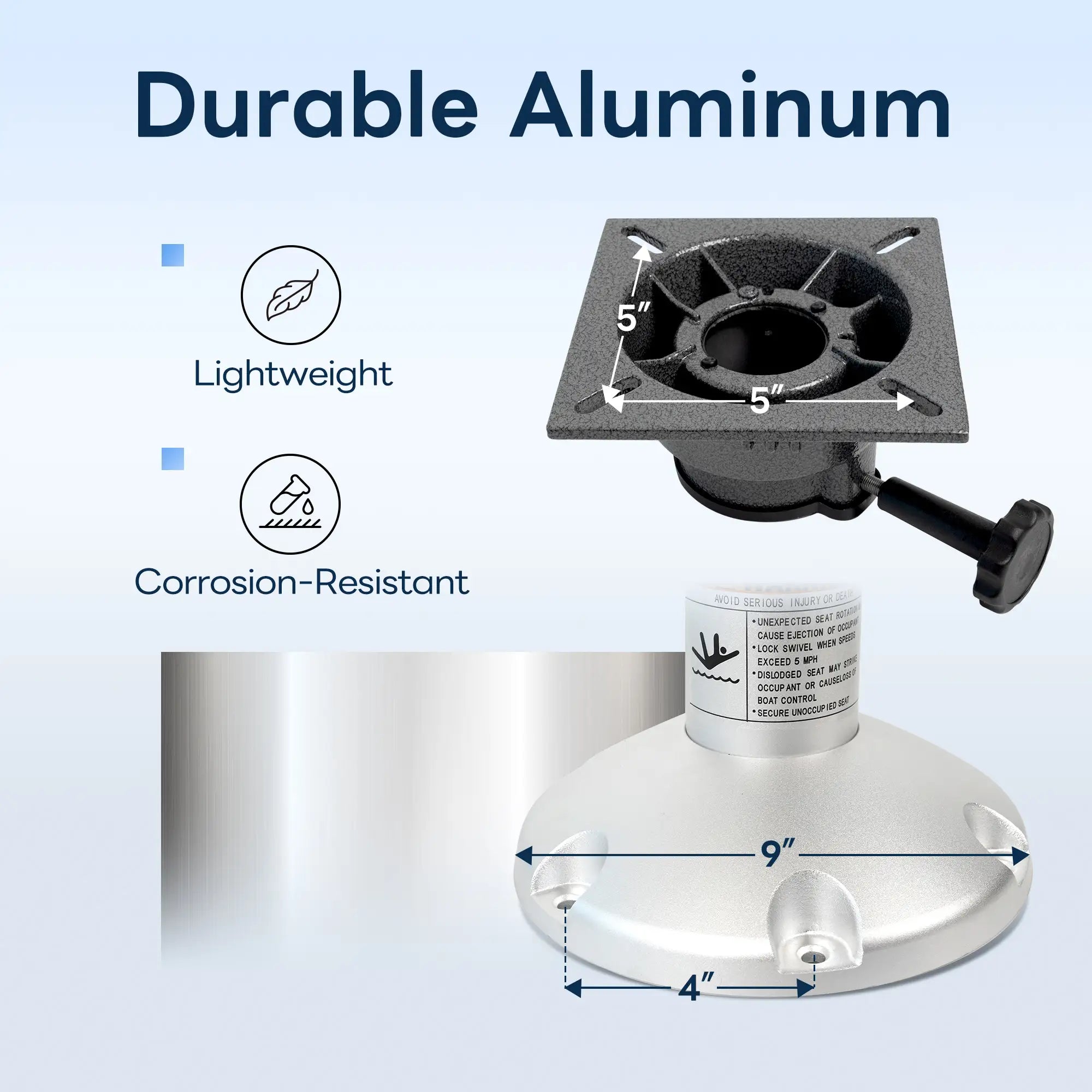 Technical measurement layout highlighting the Marinexplore 5 by 5 inch standard bolt pattern top and the 9 inch corrosion-resistant base.
