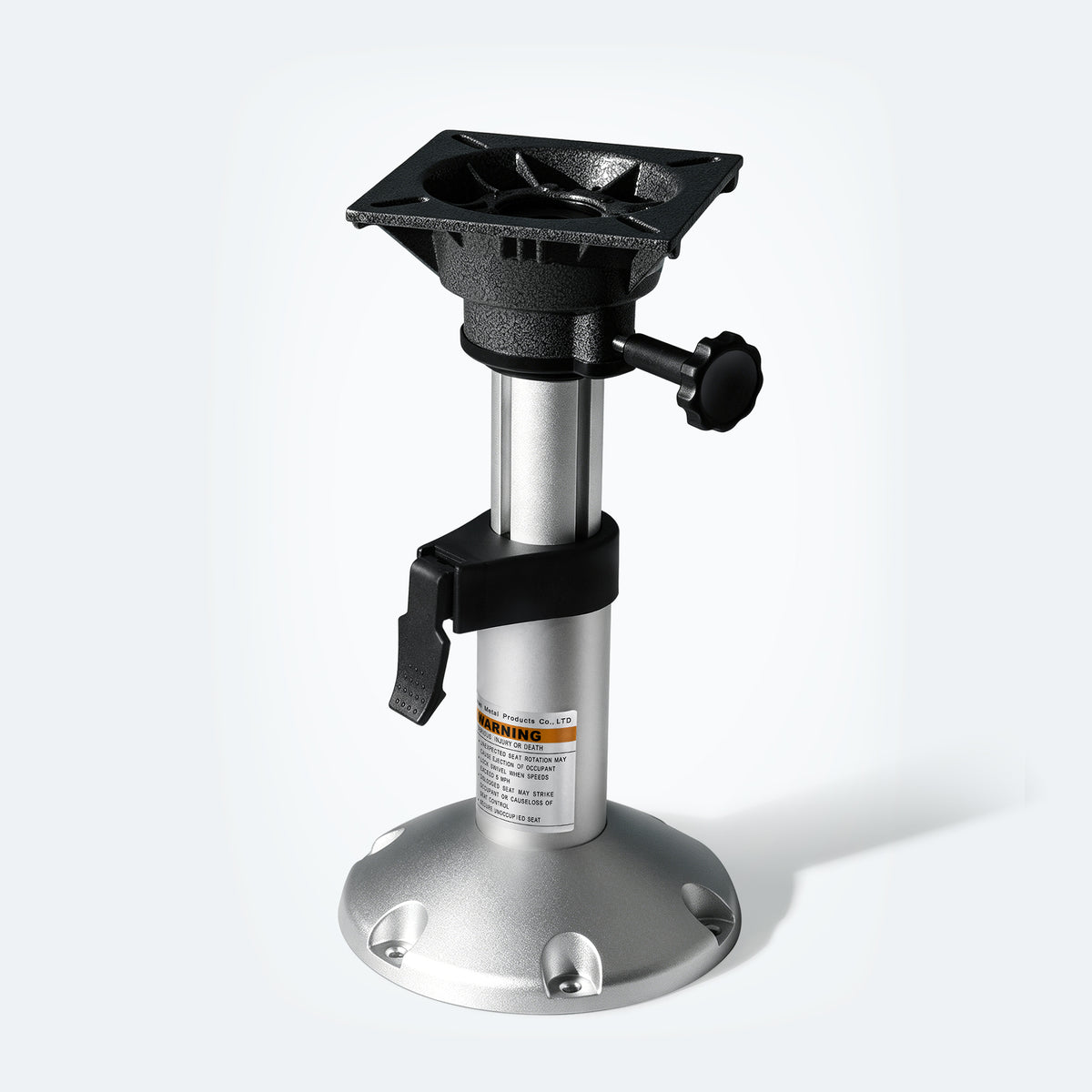 Marinexplore silver anodized aluminum adjustable boat seat pedestal with a black swivel top mount and locking handle.