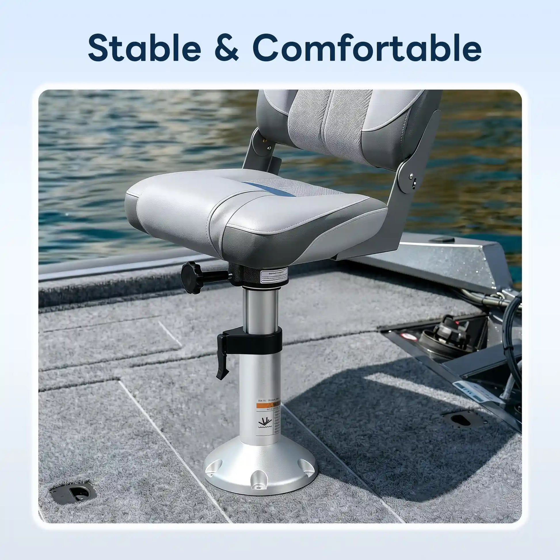 An upholstered gray marine seat mounted on the Marinexplore 17 to 24 inch adjustable pedestal, firmly bolted to the deck of a bass fishing boat.