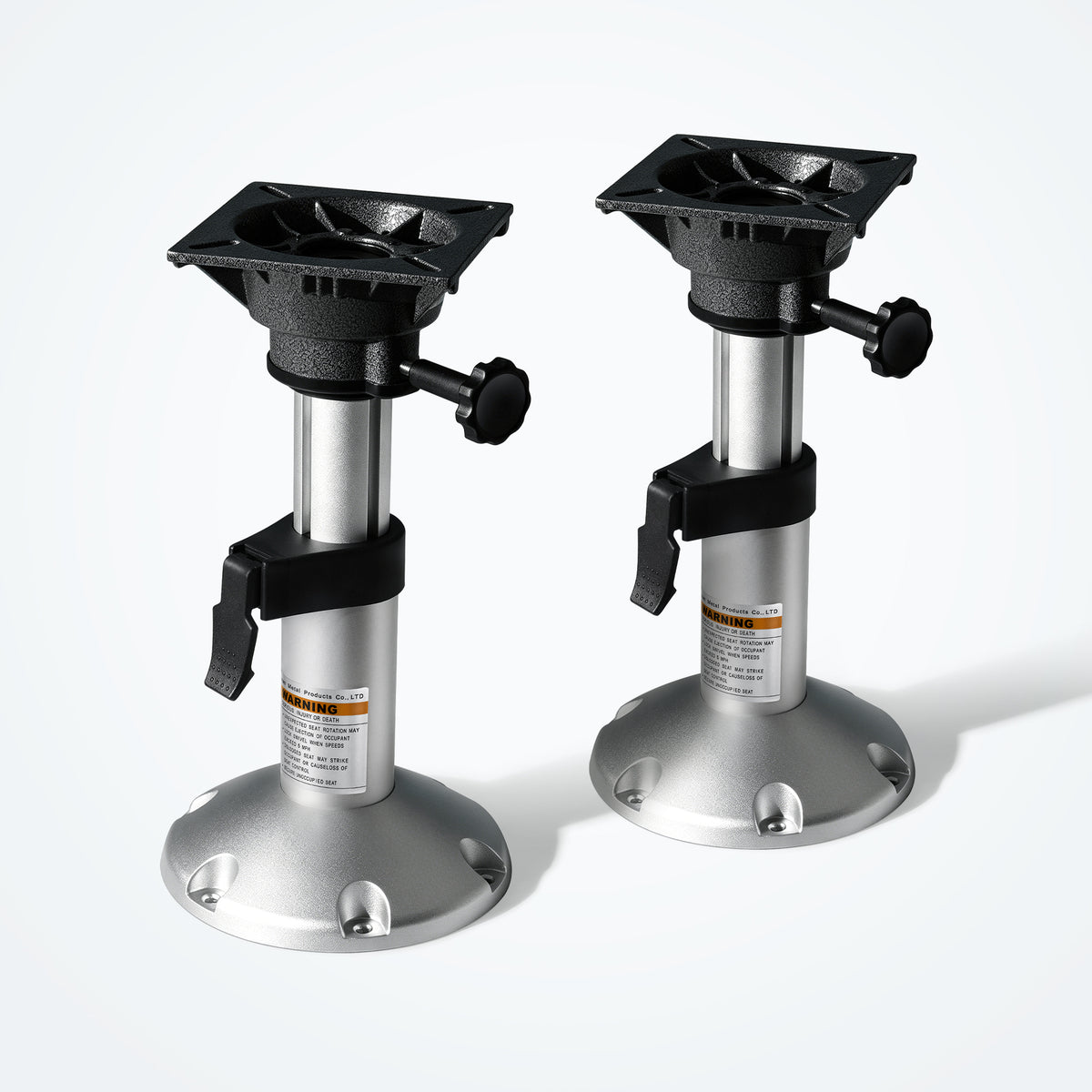 Two Marinexplore adjustable marine seat pedestals displayed side by side showing the complete heavy-duty silver post assembly.