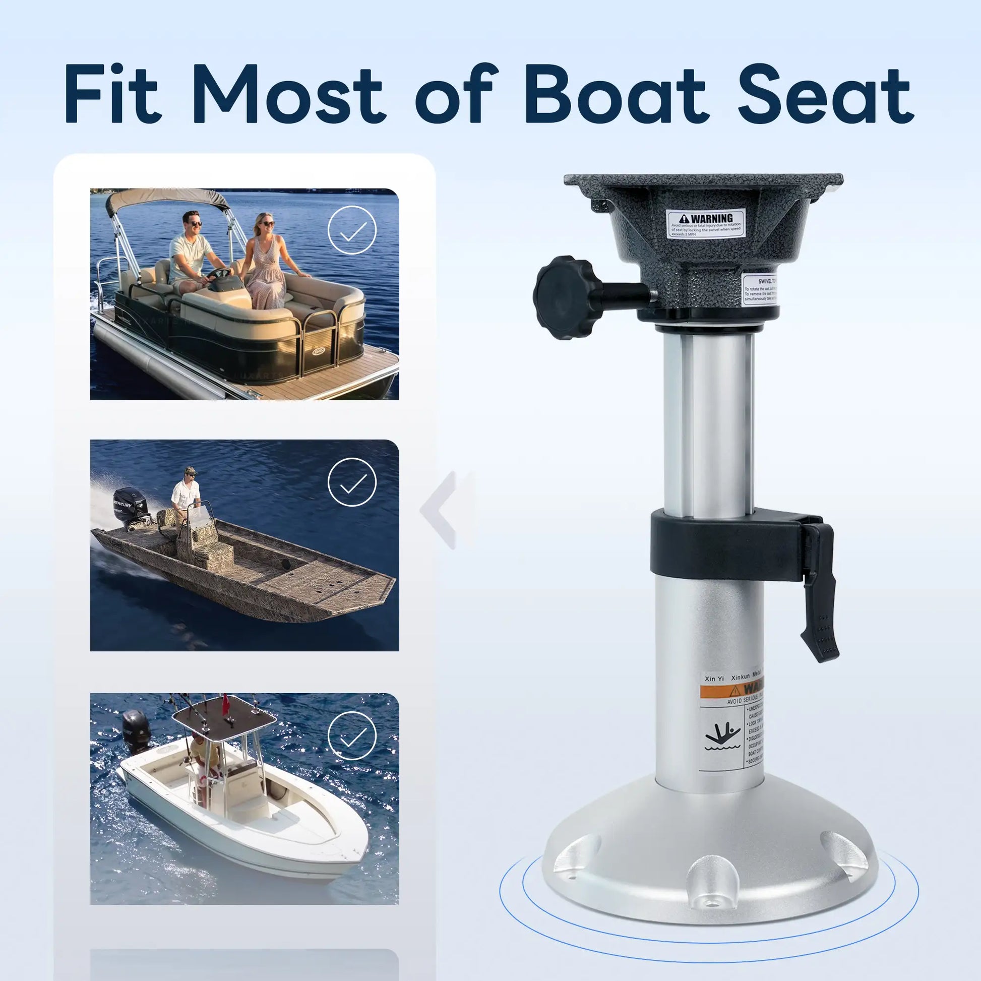 Product feature graphic showcasing the Marinexplore seat pedestal compatible with pontoon boats, camouflage fishing boats, and center consoles.