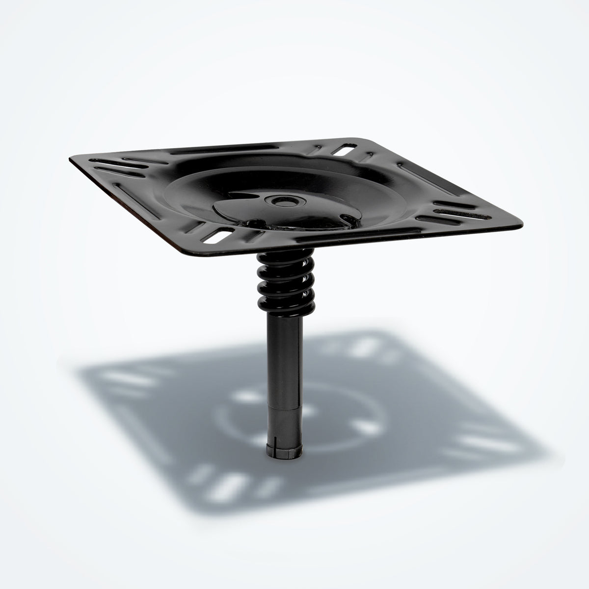 A single Marinexplore black boat seat pin mount featuring a 360-degree swivel plate and a heavy-duty shock-absorbing spring designed to absorb wave impacts.