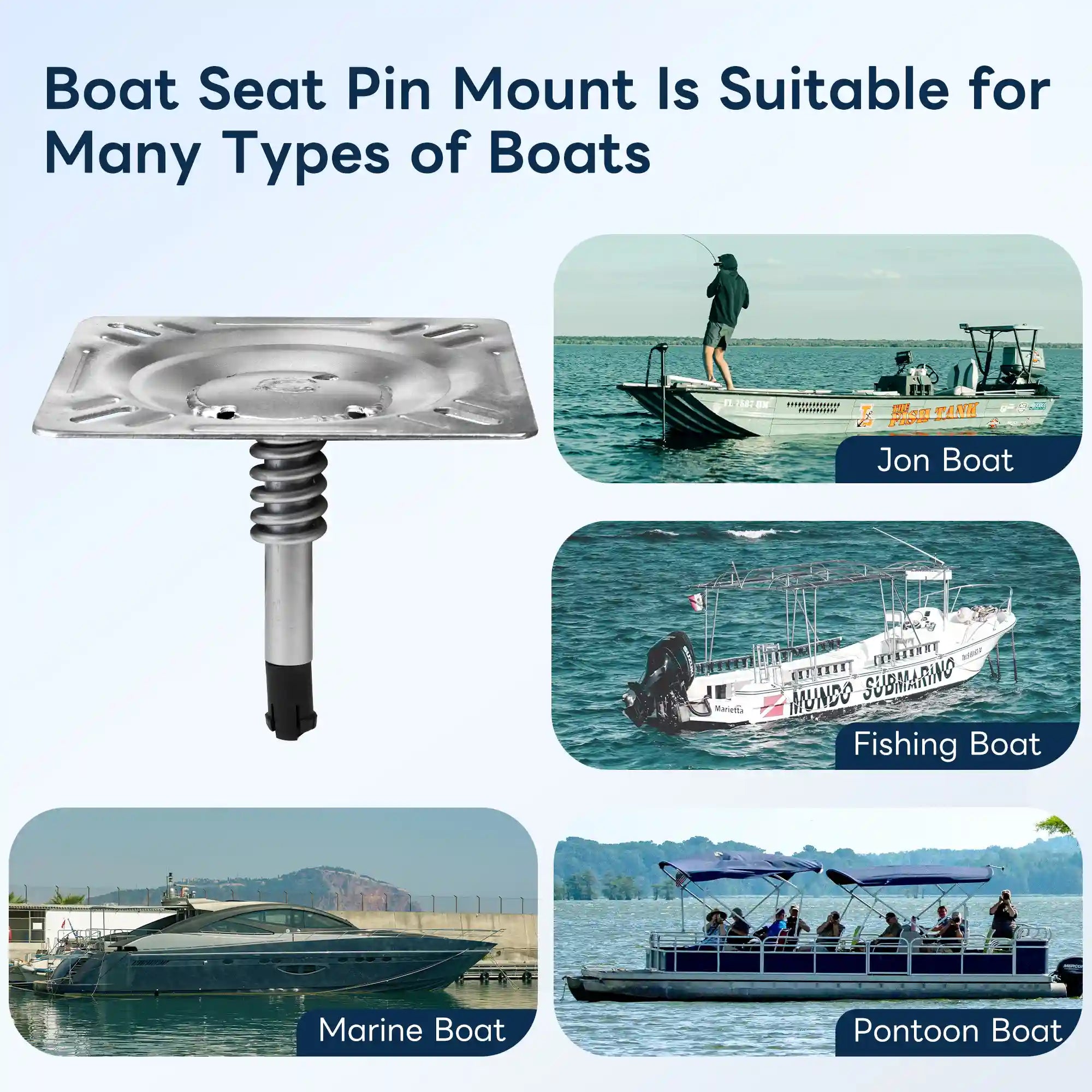 Marinexplore boat seat pin mount suitable for jon boats, fishing boats, marine boats, and pontoon boats.