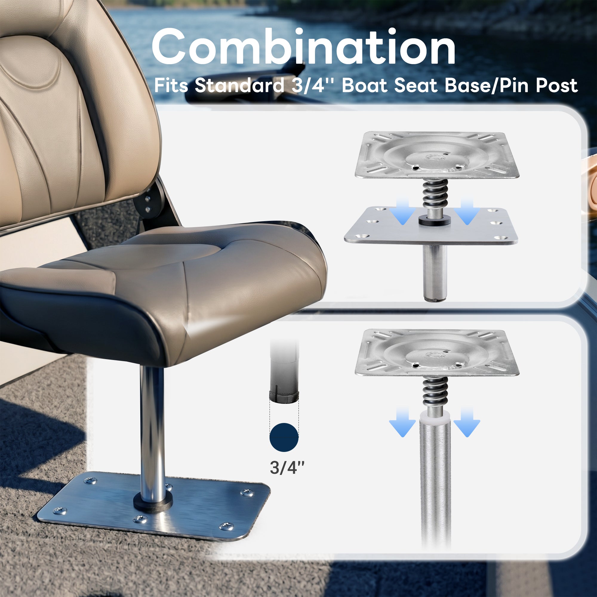 Marinexplore boat seat pin mount combination diagram showing compatibility with standard 3/4 inch boat seat base and pin post.