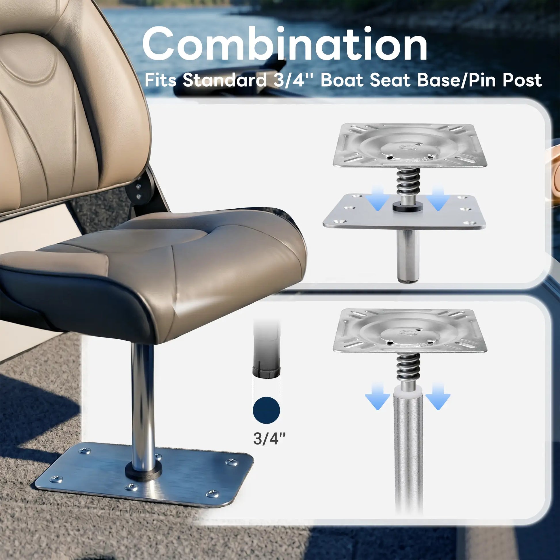 Marinexplore boat seat pin mount combination diagram showing compatibility with standard 3/4 inch boat seat base and pin post.