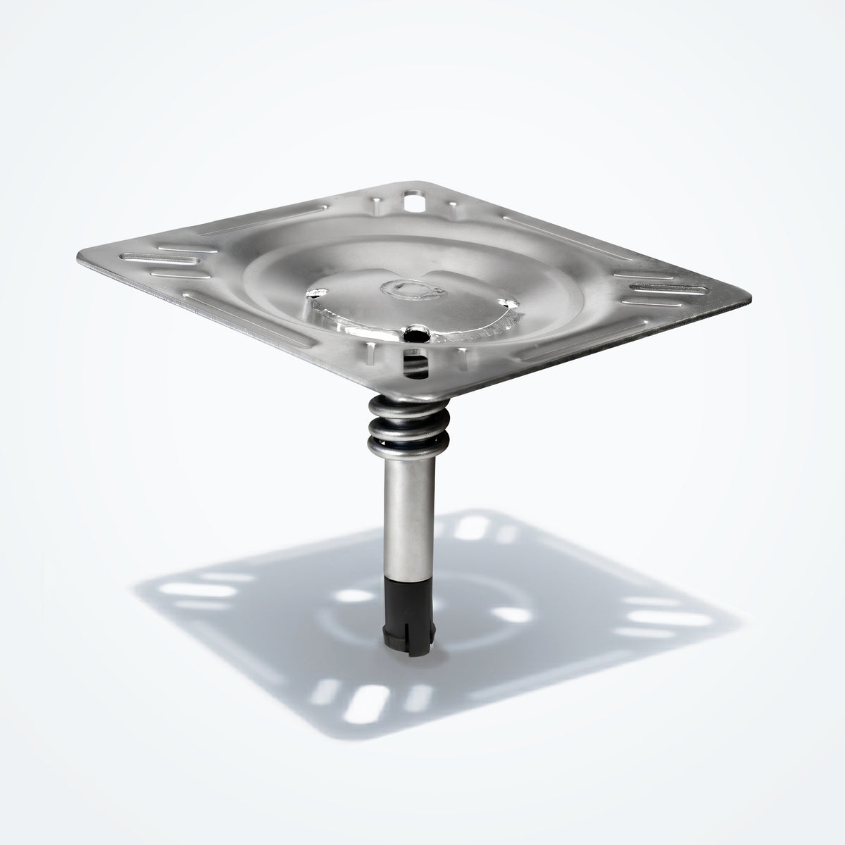 Marinexplore silver boat seat pin mount with shock-absorbing spring, 3/4 inch pin post, angled view.