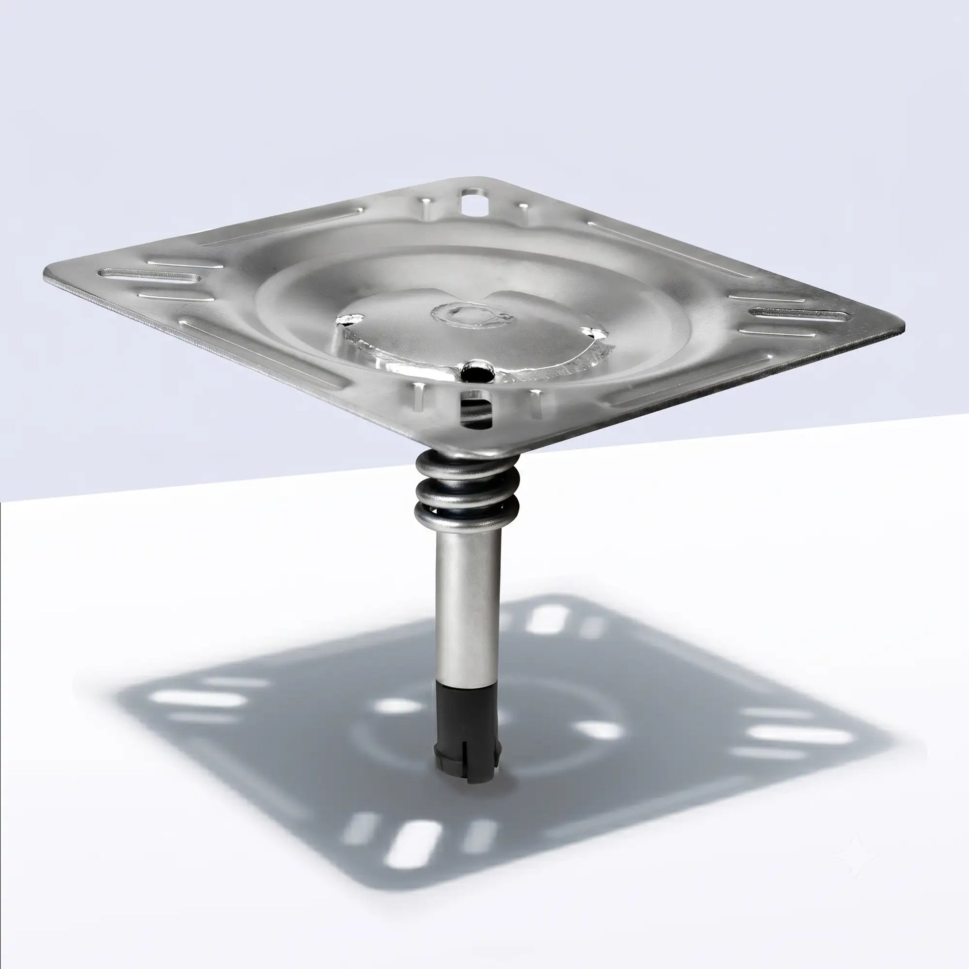 Marinexplore silver boat seat pin mount with shock-absorbing spring, 3/4 inch pin post, angled view.