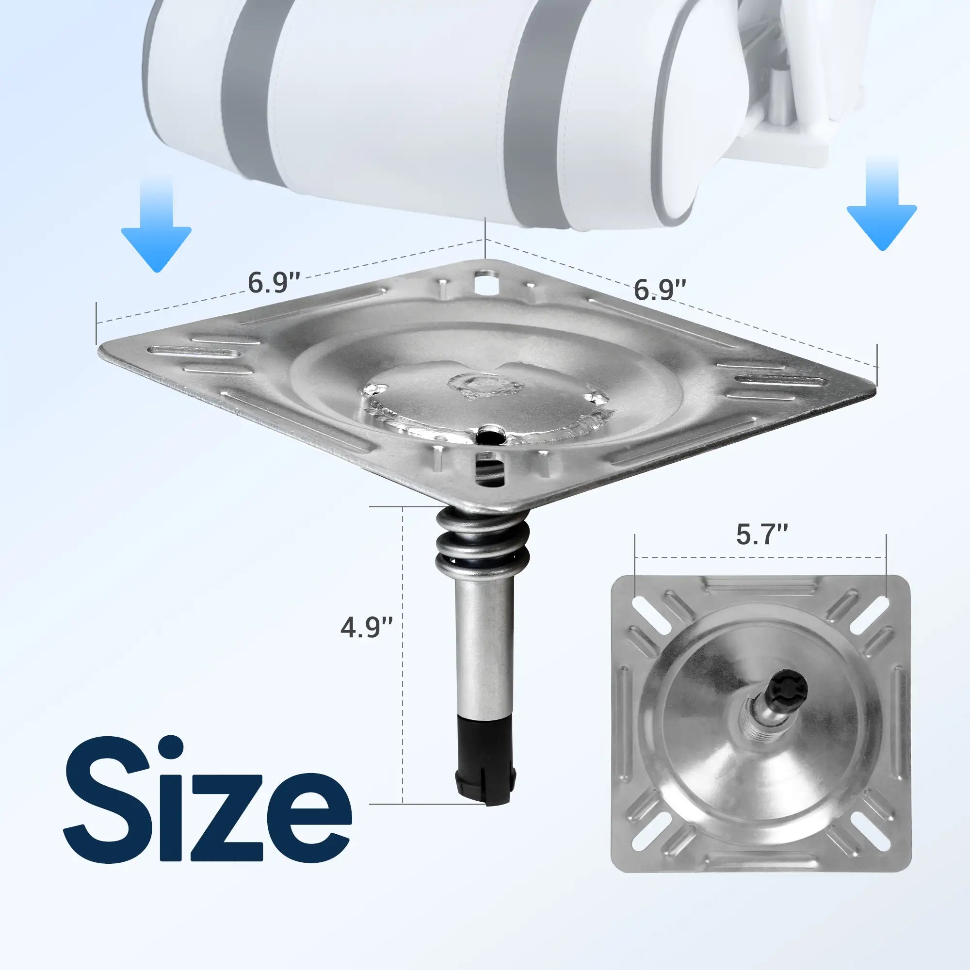 Marinexplore silver boat seat pin mount dimensions: 6.9 x 6.9 inch top plate, 4.9 inch height, 5.7 inch base plate.