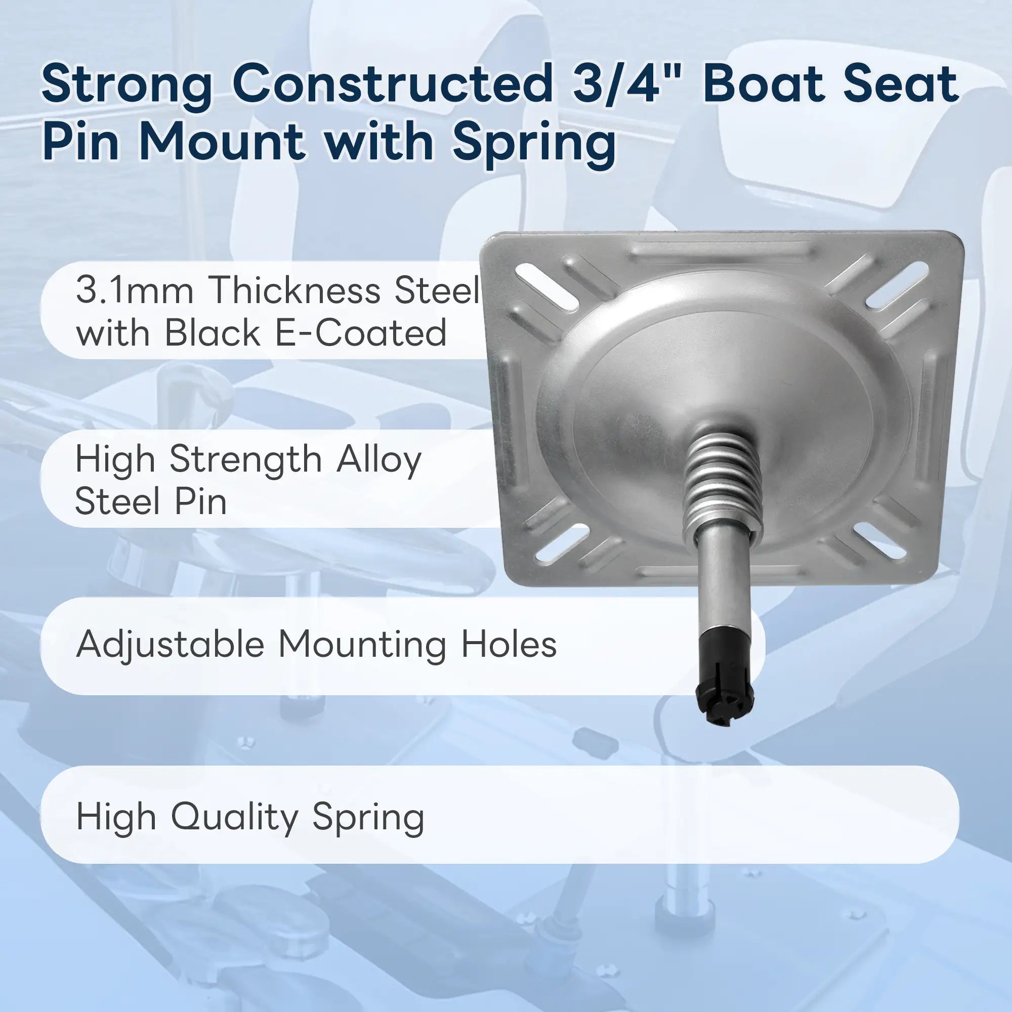 Marinexplore 3/4 inch boat seat pin mount featuring 3.1mm thick steel with black e-coat, high-strength alloy steel pin, adjustable mounting holes, and heavy-duty spring.