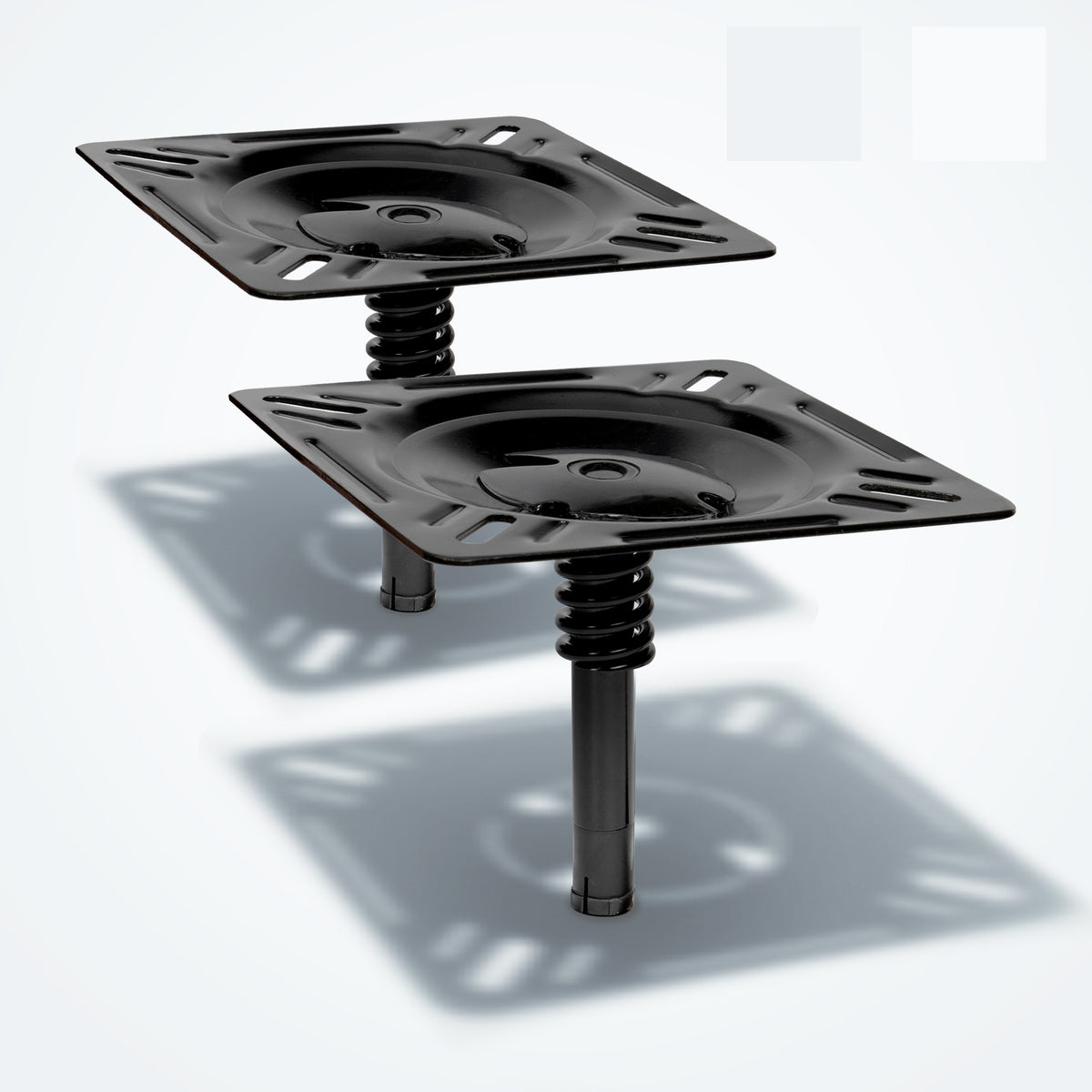 Two Marinexplore heavy-duty black boat seat pin mounts with shock-absorbing springs shown together as a 2-piece set for boat seating upgrades.