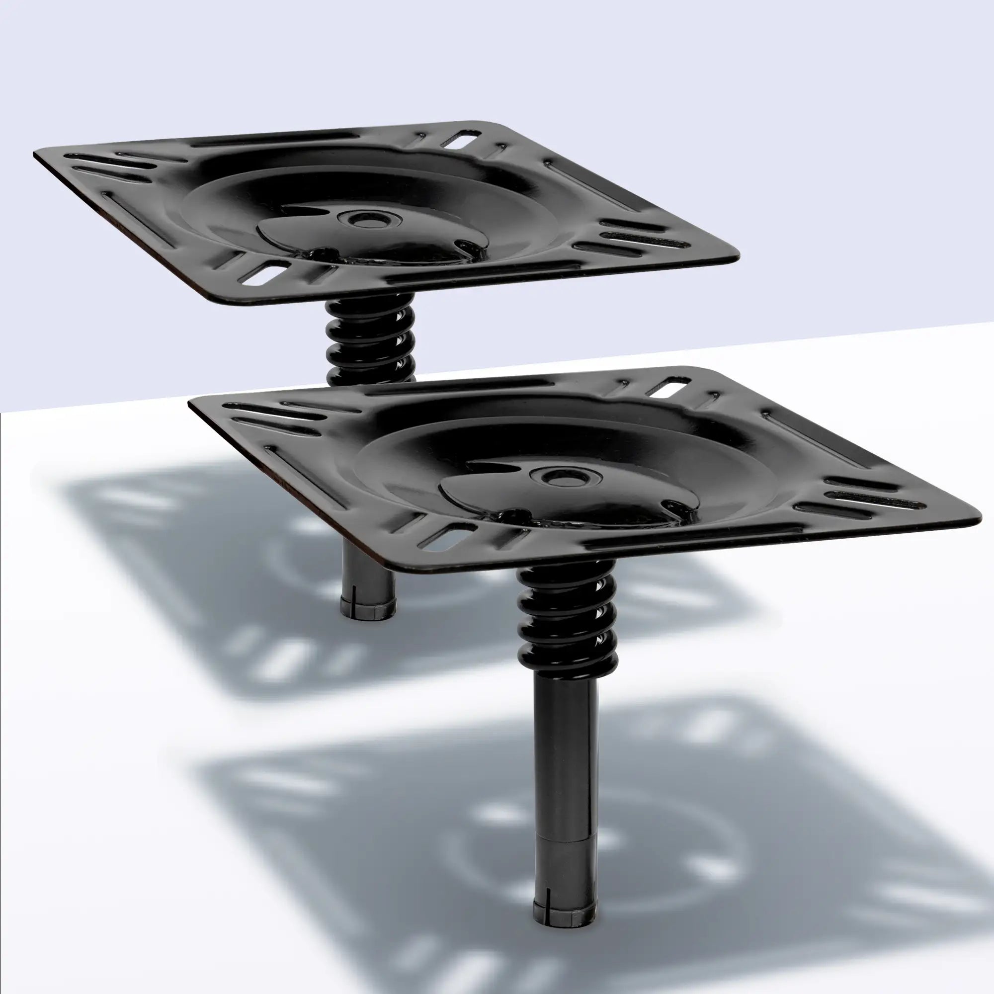 Two Marinexplore heavy-duty black boat seat pin mounts with shock-absorbing springs shown together as a 2-piece set for boat seating upgrades.